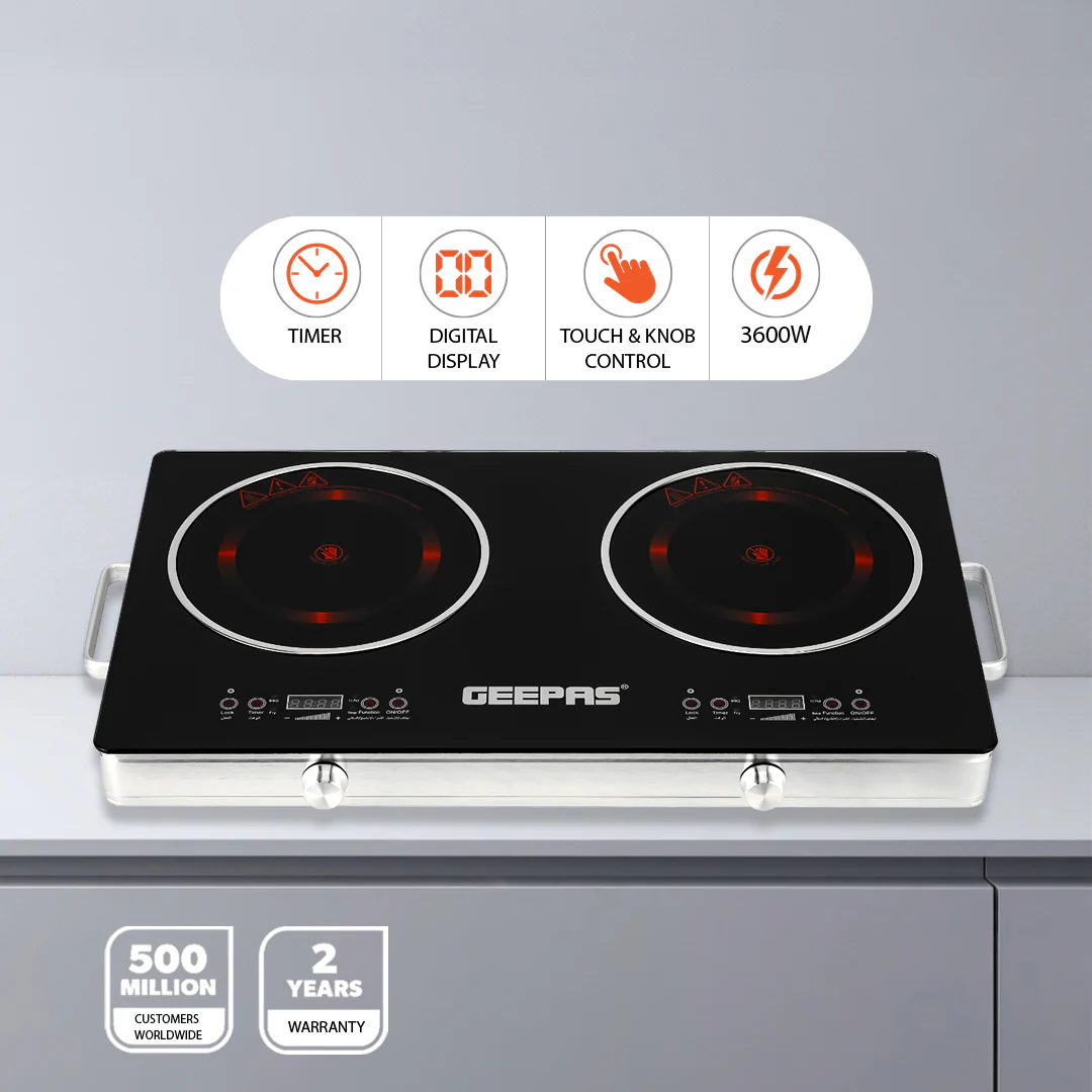 Geepas Digital Infrared Cooker GIC6131 |3600W Double Cooking Hob | Dual Ceramic Plates| Touch & Knob Control| Digital Display| Timer| Safety Protection|  2 Years Warranty - Image 3