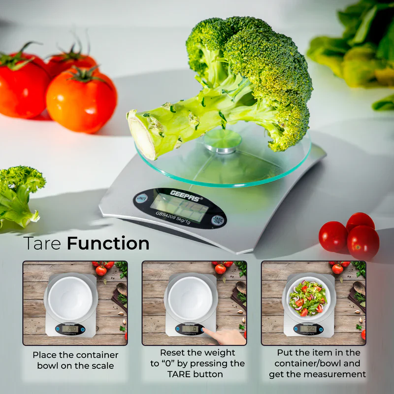 Geepas Digital Kitchen Scale GBS4209 – 5kg Capacity| Safety Glass Platform| High Precision Measurement| Easy-to-Read Display| Compact & Durable Design| 2 Years Warranty - Image 3