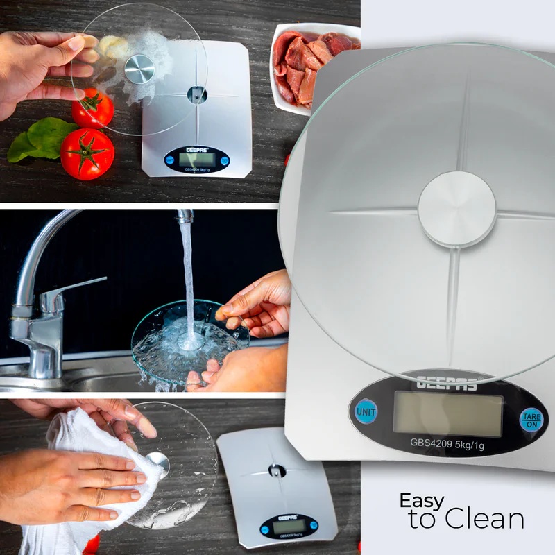 Geepas Digital Kitchen Scale GBS4209 – 5kg Capacity| Safety Glass Platform| High Precision Measurement| Easy-to-Read Display| Compact & Durable Design| 2 Years Warranty - Image 4