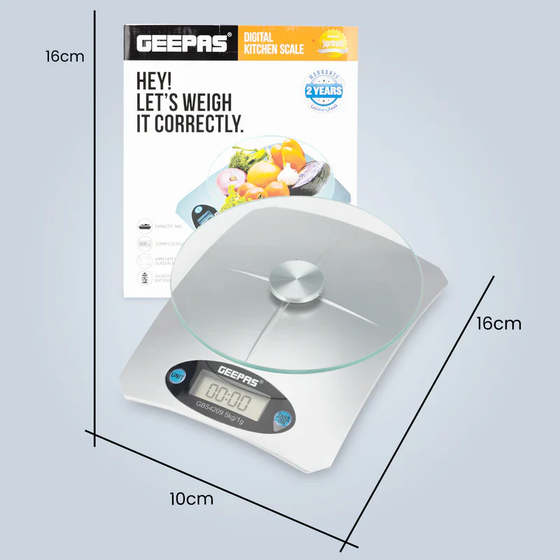 Geepas Digital Kitchen Scale GBS4209 – 5kg Capacity| Safety Glass Platform| High Precision Measurement| Easy-to-Read Display| Compact & Durable Design| 2 Years Warranty - Image 5