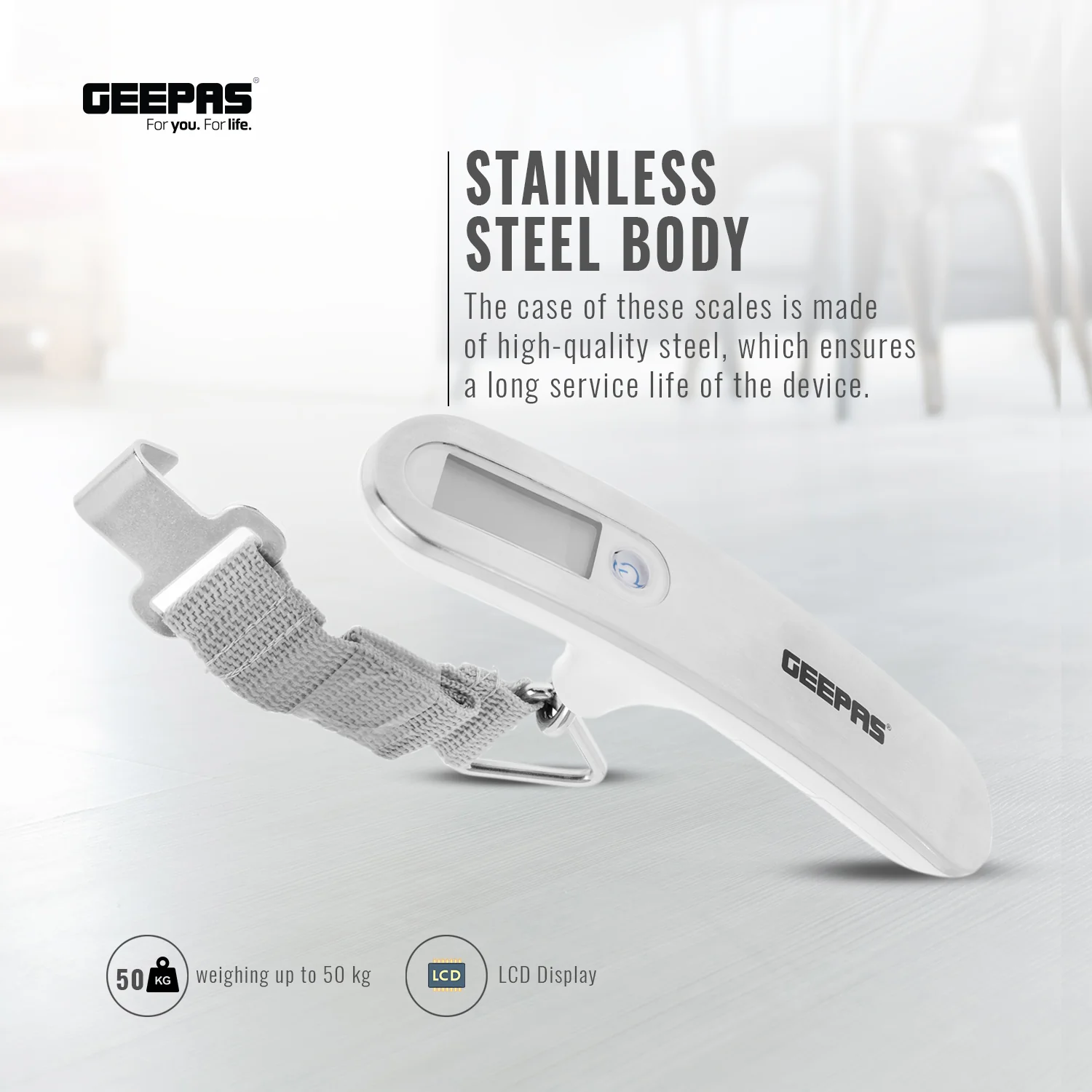 Geepas Digital Luggage Scale GLS4221 | Portable Handheld Travel Weight Scale with Clear LCD Display, Strong Strap, Compact Design & Accurate Measurement for Baggage - Image 8
