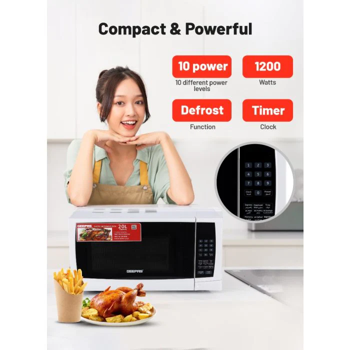 Geepas Digital Microwave Oven GMO1895 | 20L Capacity | 1200W Power | Digital Control Panel | One-Touch Cooking Functions| Defrost & Reheat Options|  1 Year Warranty - Image 4