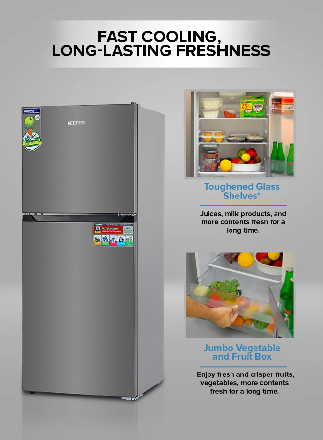 Geepas Double Door Total No-Frost Refrigerator- GRF2522SXN| Multi-Airflow with Faster and Deep Cooling| LED Interior Lamp and Unbreakable Glass Shelves - Image 3