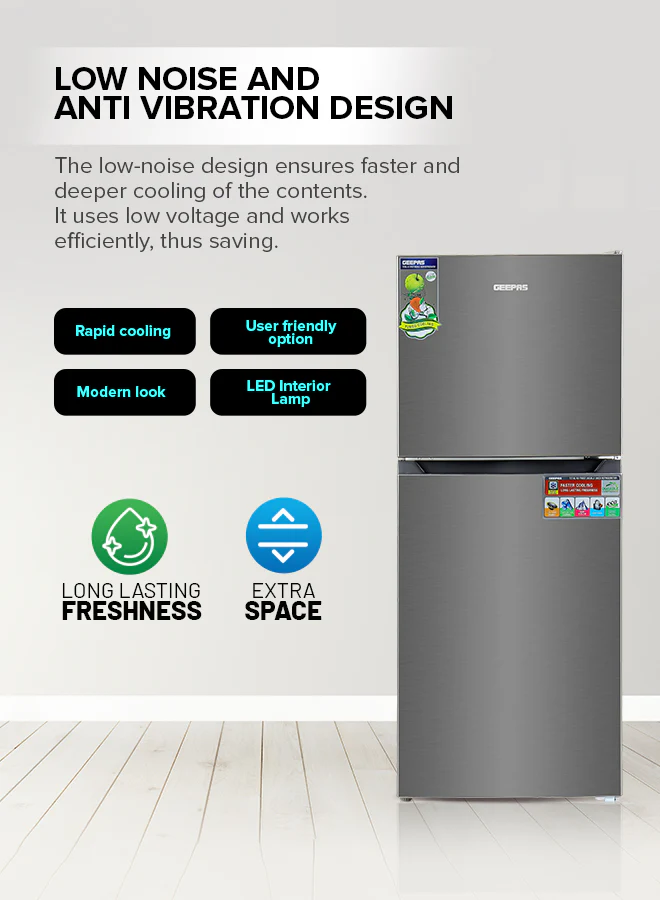 Geepas Double Door Total No-Frost Refrigerator- GRF2522SXN| Multi-Airflow with Faster and Deep Cooling| LED Interior Lamp and Unbreakable Glass Shelves - Image 4
