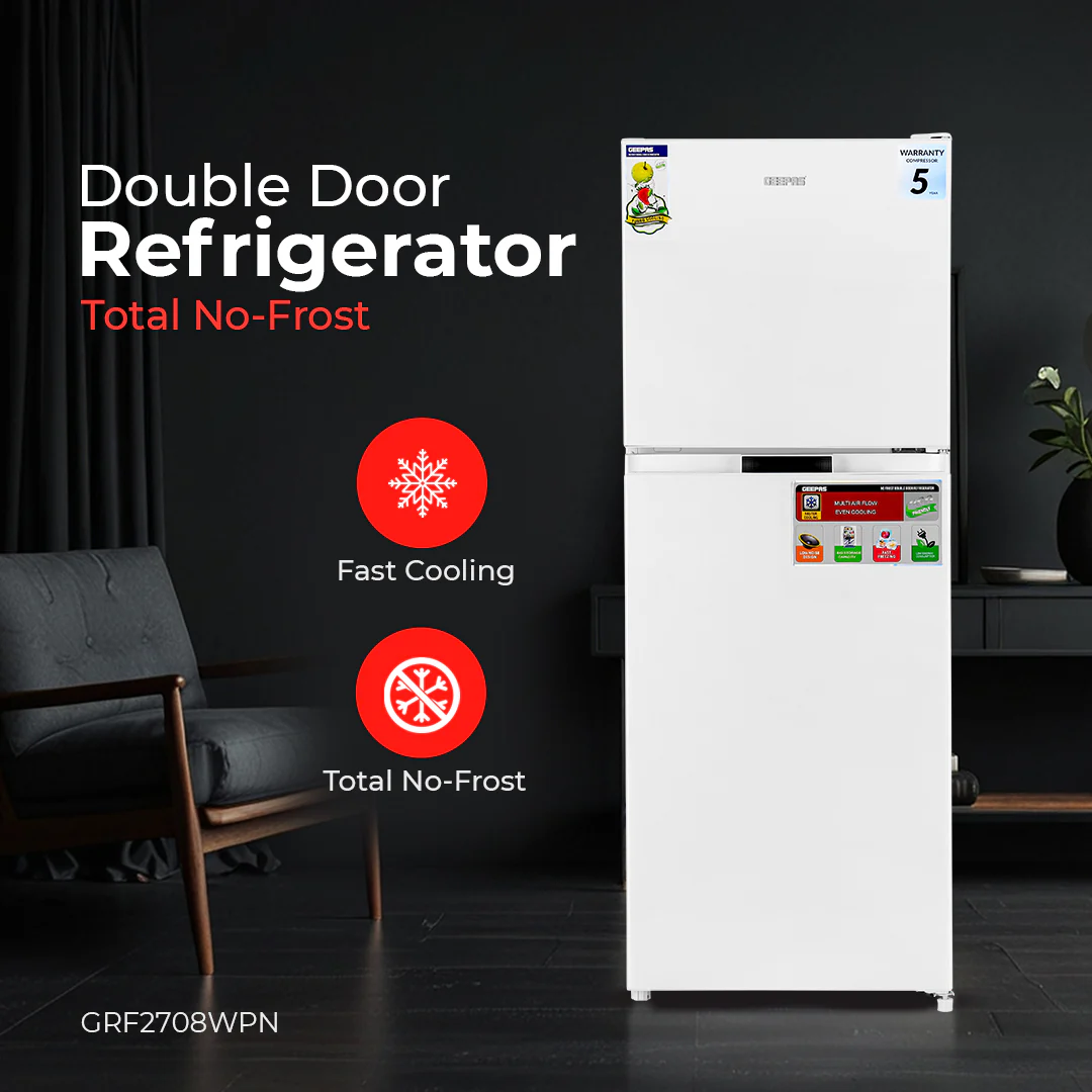 Geepas Double Door Total No-Frost Refrigerator- GRF2708WPN-U/ 270L Gross/ 200L Net Capacity, Quick Cooling, Low Noise Operation/ Equipped with Glass Shelves, Chrome Bottle Holder - Image 3