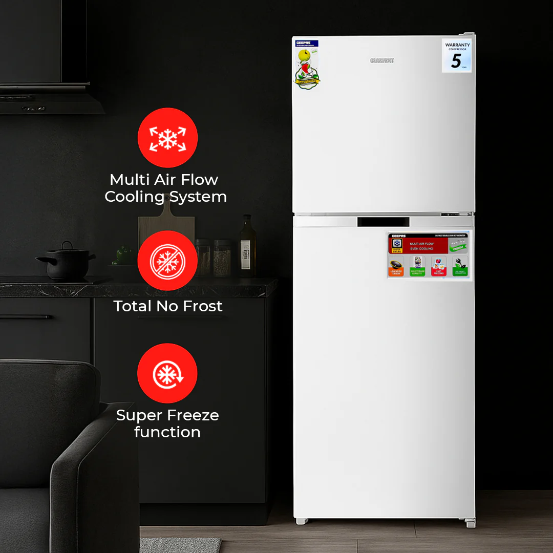 Geepas Double Door Total No-Frost Refrigerator- GRF2708WPN-U/ 270L Gross/ 200L Net Capacity, Quick Cooling, Low Noise Operation/ Equipped with Glass Shelves, Chrome Bottle Holder - Image 6