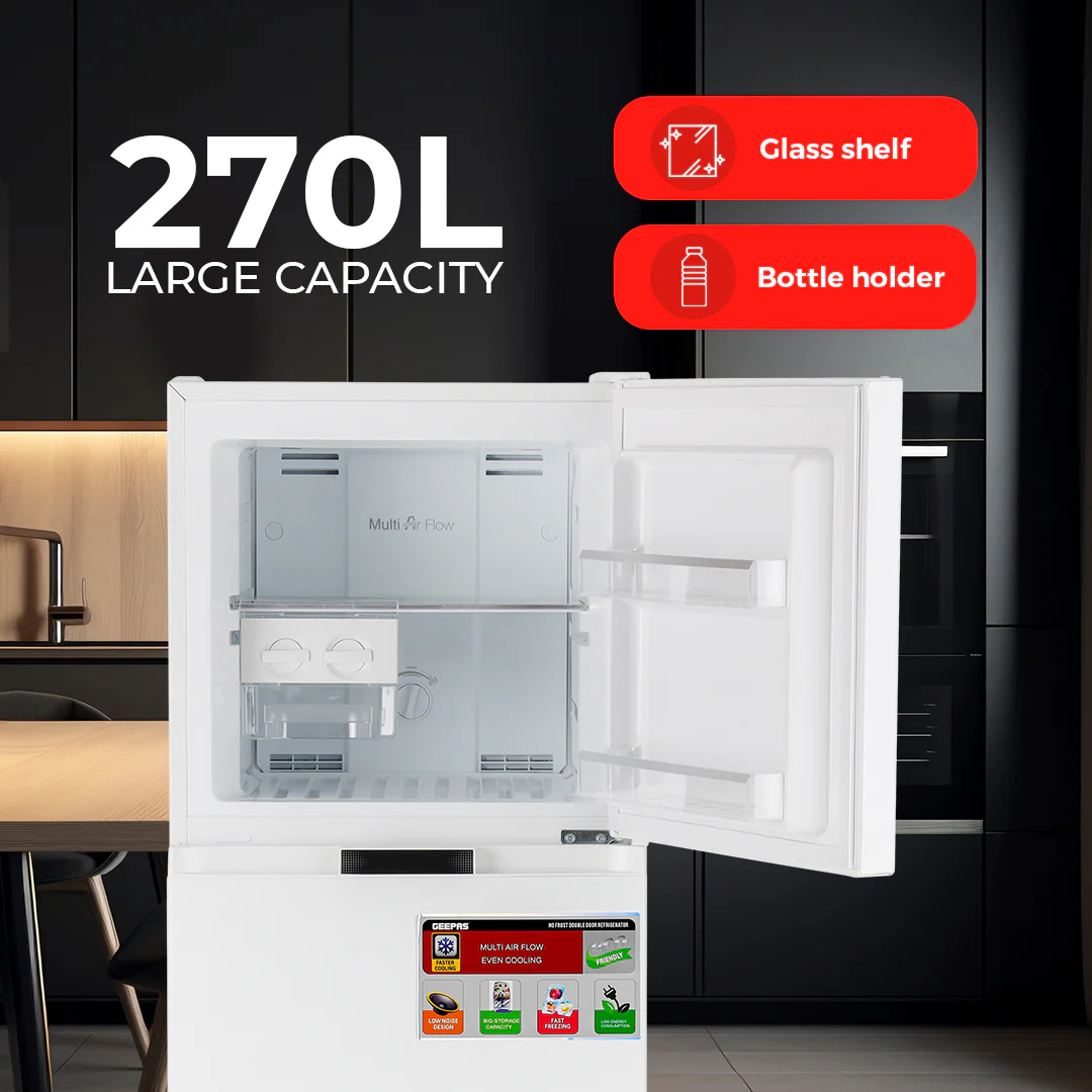 Geepas Double Door Total No-Frost Refrigerator- GRF2708WPN-U/ 270L Gross/ 200L Net Capacity, Quick Cooling, Low Noise Operation/ Equipped with Glass Shelves, Chrome Bottle Holder - Image 7