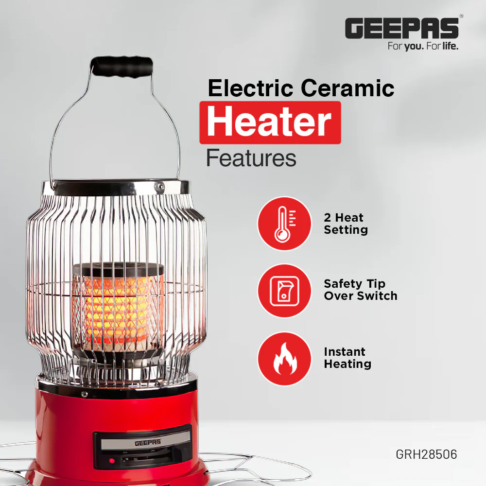 Geepas Ceramic Heater- GRH28506/ High Performance with 2000 W Power/ Safety Tip-Over Switch and Two-Levels of Heating/ Portable with a Carry Handle/ Red, 2 Years Warranty - Image 4
