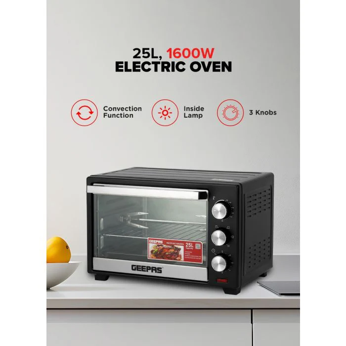 Geepas Electric Oven GO34040 | 25L Capacity| 1600W Power| Rotisserie Function| Adjustable Temperature Control| 60-Min Timer| Stainless Steel Heating | 2 Years Warranty - Image 3