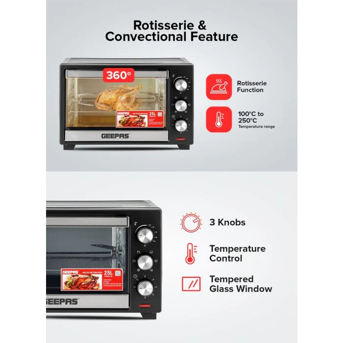 Geepas Electric Oven GO34040 | 25L Capacity| 1600W Power| Rotisserie Function| Adjustable Temperature Control| 60-Min Timer| Stainless Steel Heating | 2 Years Warranty - Image 5