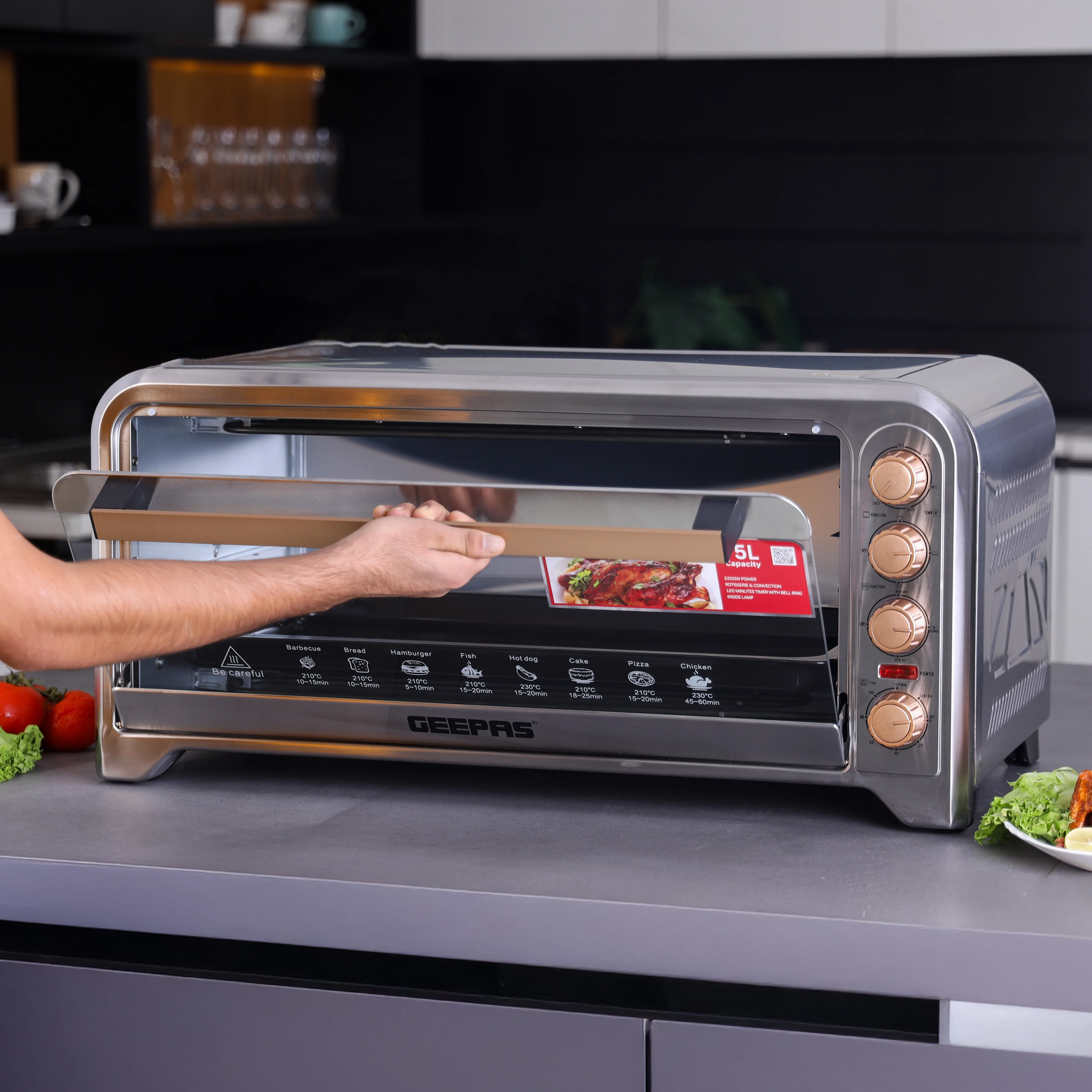 Geepas Electric Oven GO34041 | 75L Large Capacity| 2200W Powerful Performance with Convection & Rotisserie Functions| Adjustable Temperature Control | 2 Years Warranty - Image 3