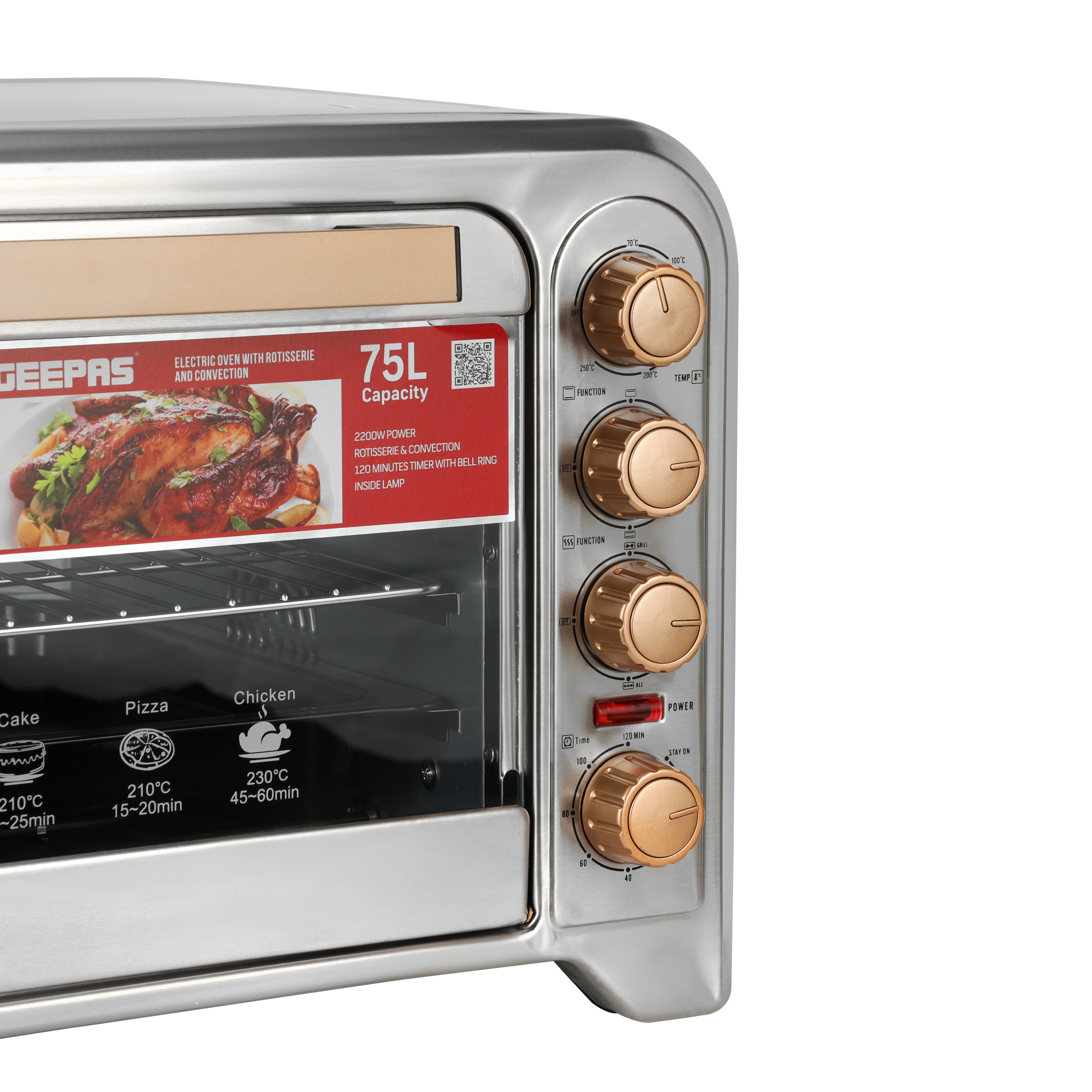 Geepas Electric Oven GO34041 | 75L Large Capacity| 2200W Powerful Performance with Convection & Rotisserie Functions| Adjustable Temperature Control | 2 Years Warranty - Image 5