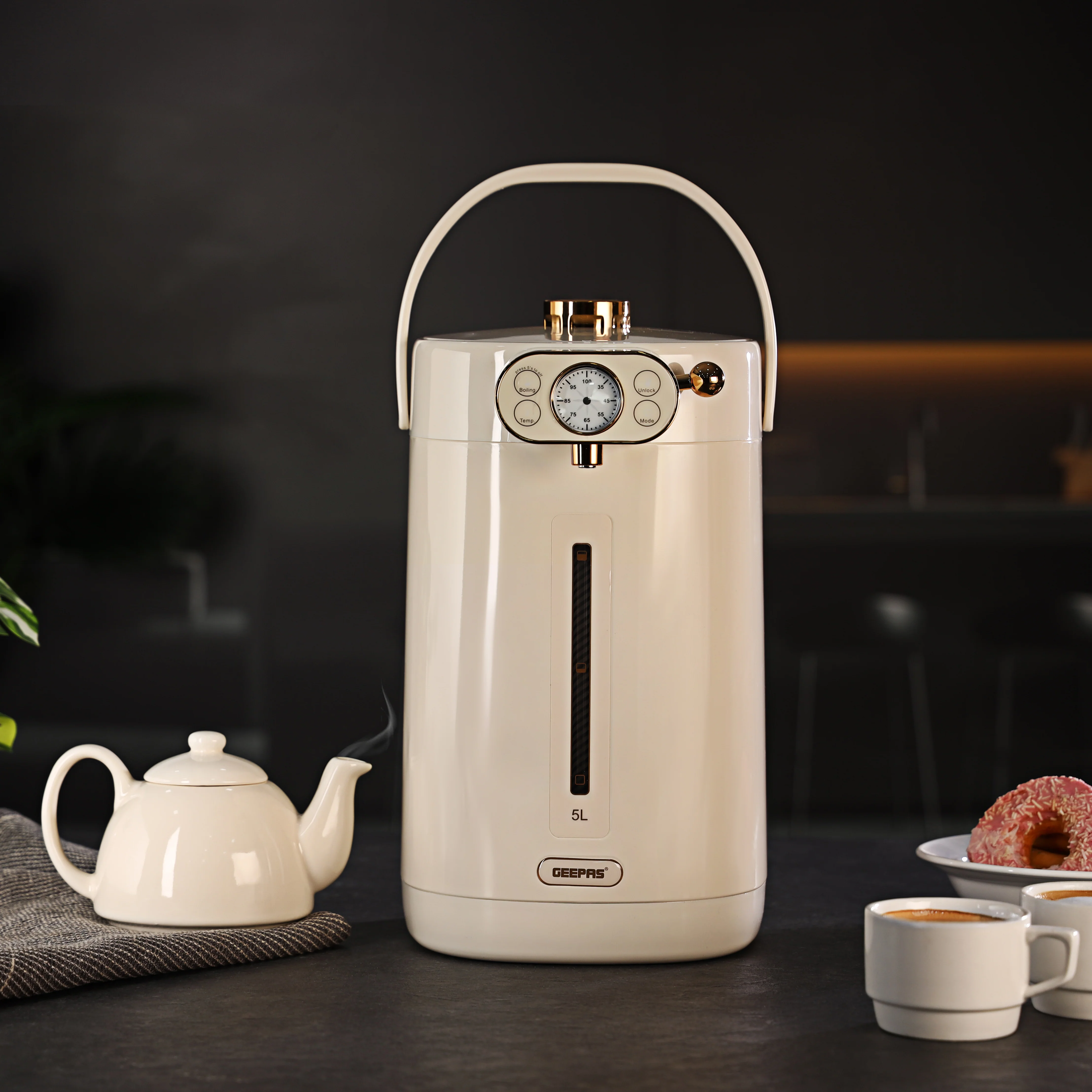 Geepas 5 Liter Electric Thermo Pot- GEV27026/ Stainless Steel Inner Pot, 8 Stage Temperature Selection, Automatic Stop/ Purified Water Mode / Beige, 2 Years Warranty - Image 2