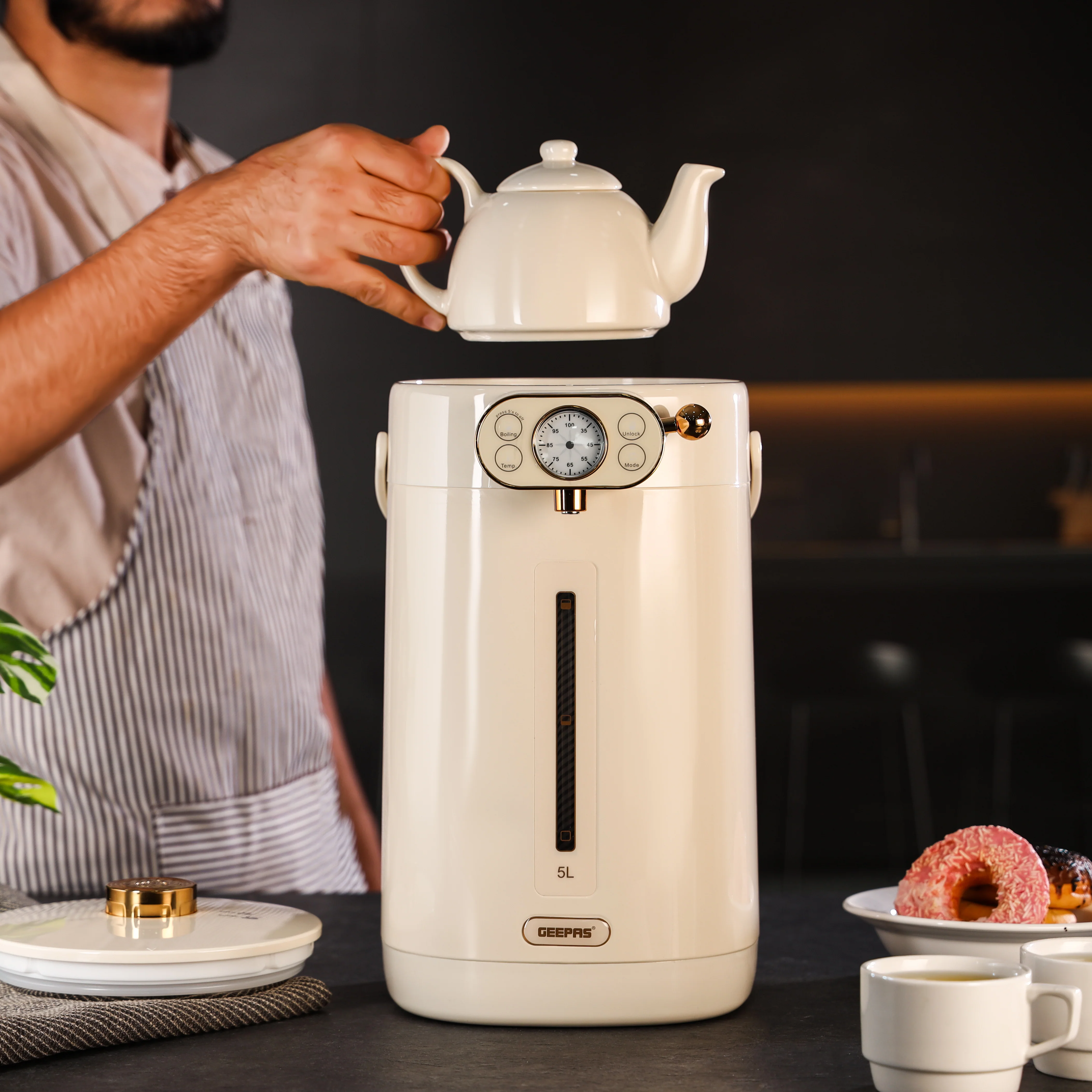 Geepas 5 Liter Electric Thermo Pot- GEV27026/ Stainless Steel Inner Pot, 8 Stage Temperature Selection, Automatic Stop/ Purified Water Mode / Beige, 2 Years Warranty - Image 3