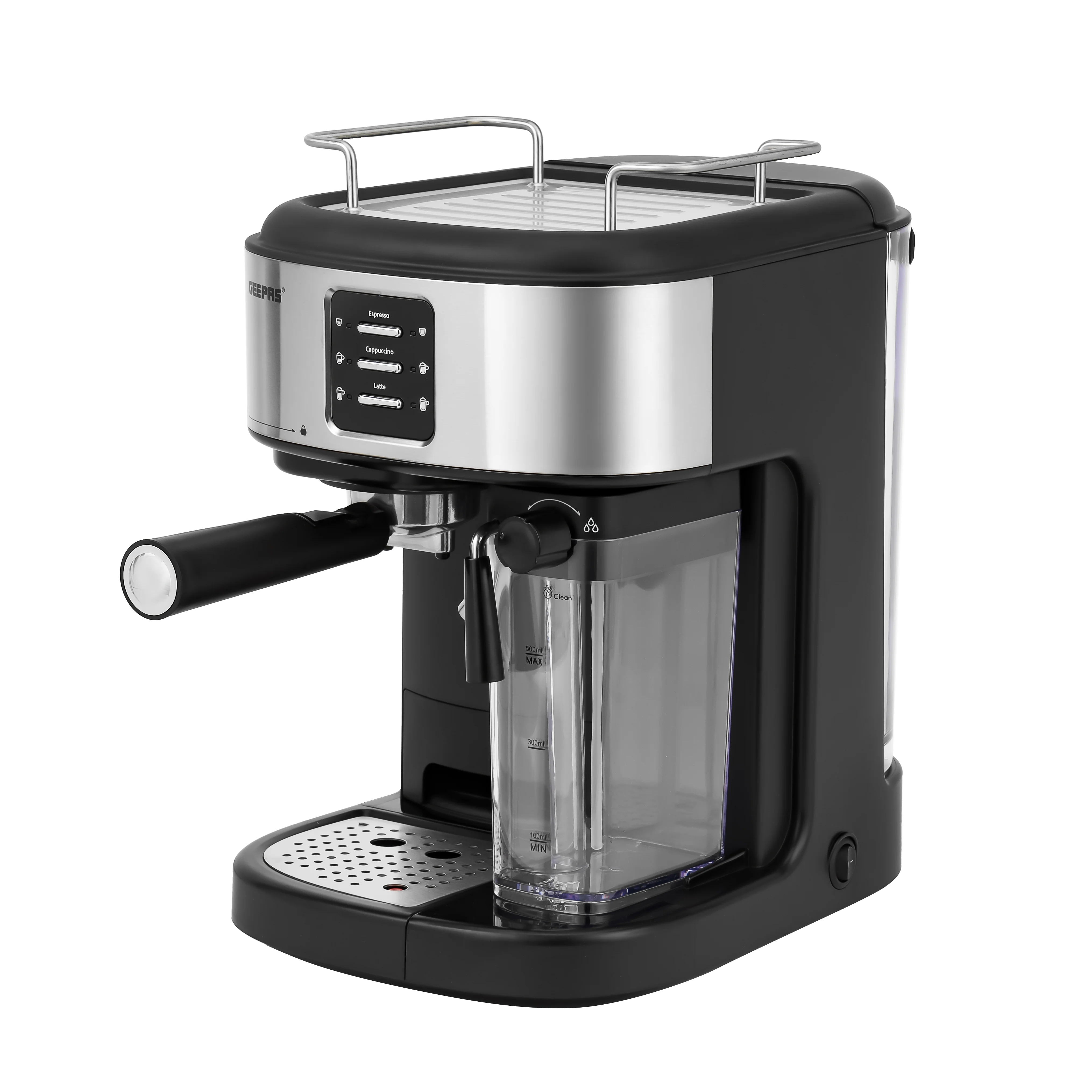 Geepas Espresso and Cappuccino Coffee Machine- GCM1215SA| Equipped with 20 Bar High Pressure Pump and Powerful Steam System | Black and Silver | 2 Years Warranty