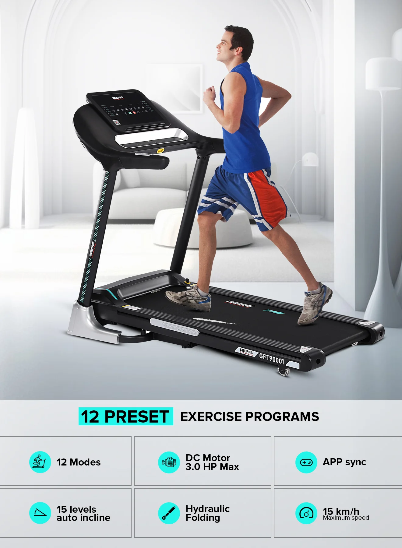 Geepas GFT90001 Foldable Hydraulic Treadmill | 3HP Brushless DC Motor| 15-Level Auto Incline| 12 Preset Programs| LED Display| Bluetooth App Sync & 2 Years Warranty - Image 6