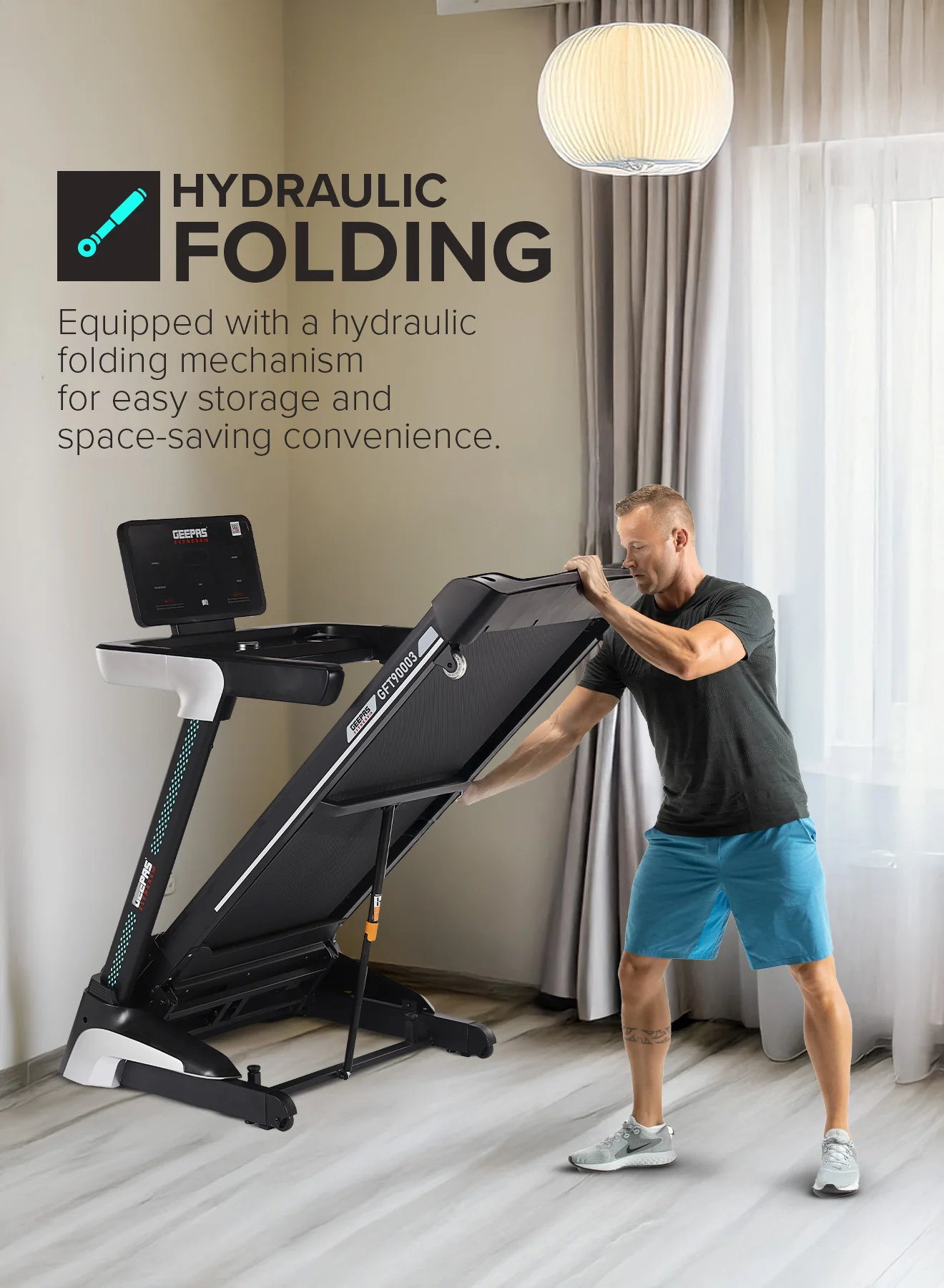 Geepas GFT90003 Foldable Hydraulic Treadmill |4HP Brushless DC Motor| 15-Level Auto Incline| 12 Preset Workout Programs| LED Display| Bluetooth App Sync| 2 Years Warranty - Image 4