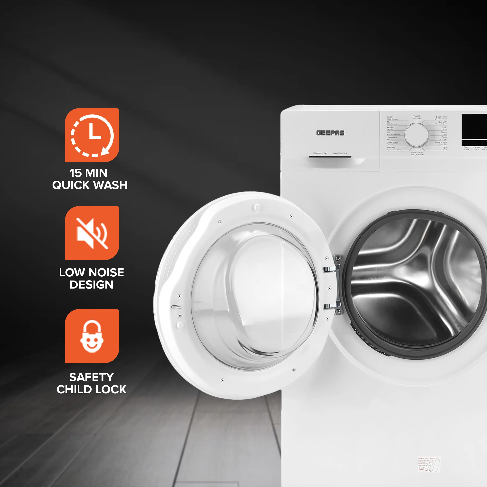 Geepas Front Load Washing Machine GWMF6210LCR | 6Kg Capacity| Smart & Durable Design with Multiple Wash Programs| Energy Efficient & Powerful Performance| 1 Year Warranty - Image 3