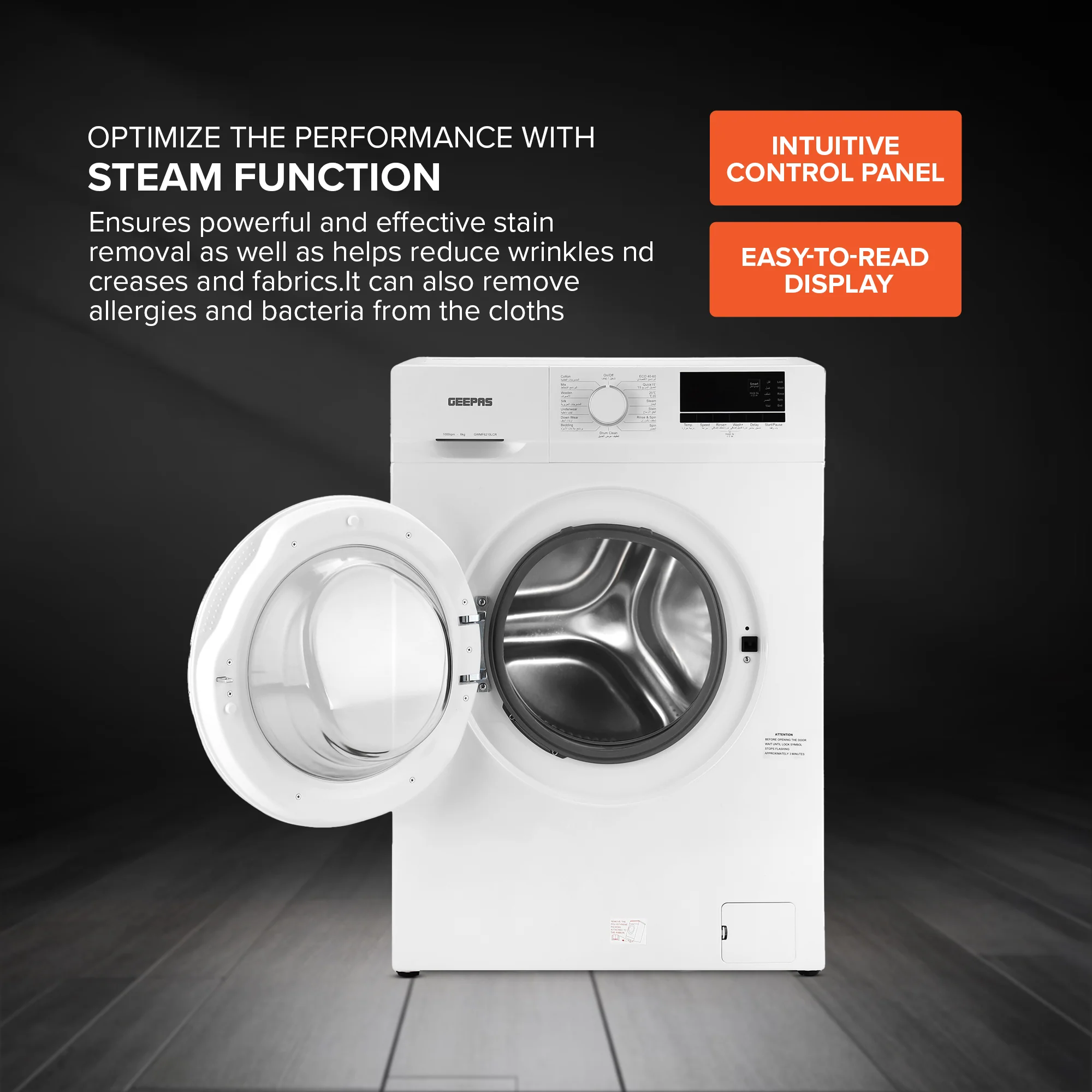 Geepas Front Load Washing Machine GWMF6210LCR | 6Kg Capacity| Smart & Durable Design with Multiple Wash Programs| Energy Efficient & Powerful Performance| 1 Year Warranty - Image 4