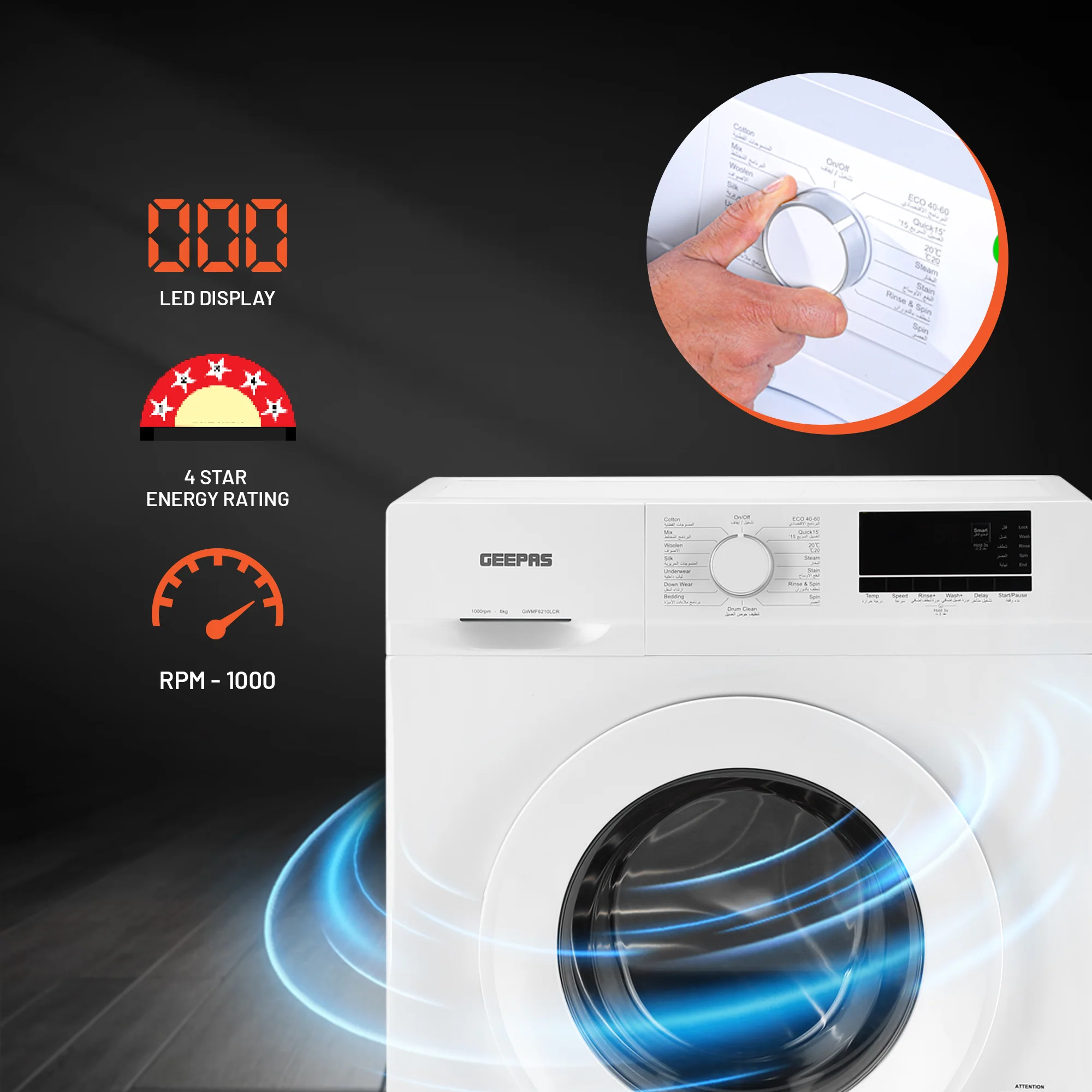 Geepas Front Load Washing Machine GWMF6210LCR | 6Kg Capacity| Smart & Durable Design with Multiple Wash Programs| Energy Efficient & Powerful Performance| 1 Year Warranty - Image 5