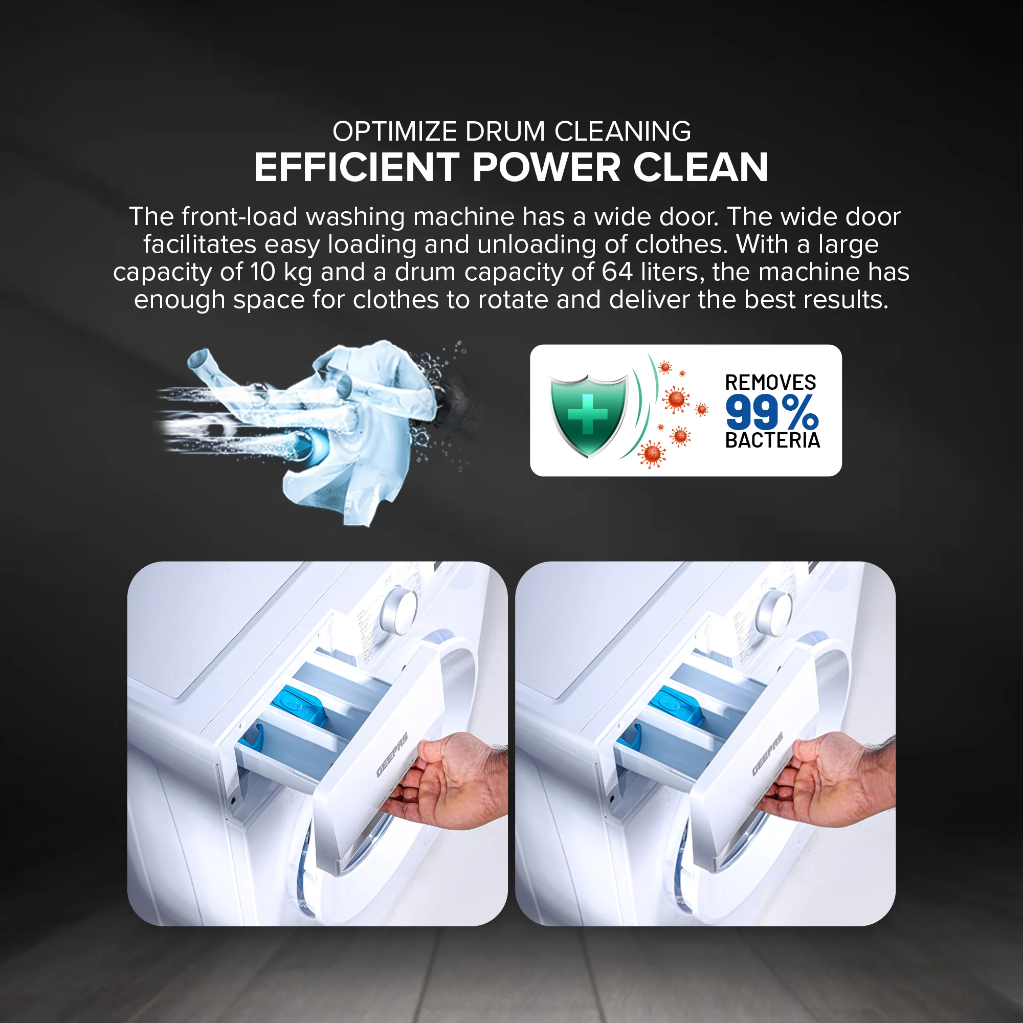 Geepas Front Load Washing Machine GWMF6210LCR | 6Kg Capacity| Smart & Durable Design with Multiple Wash Programs| Energy Efficient & Powerful Performance| 1 Year Warranty - Image 6