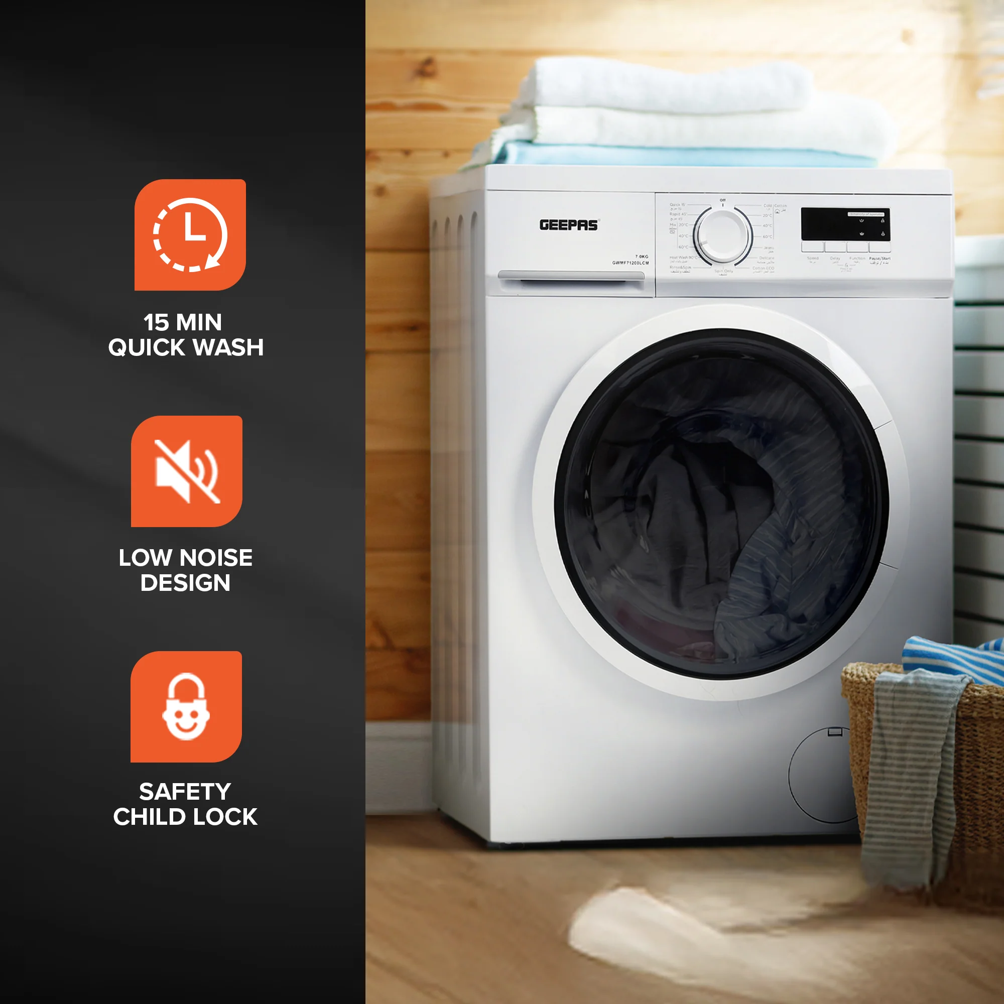 Geepas Front Load Washing Machine GWMF71200LCJ | 7Kg Capacity | 1200 RPM Powerful Motor | Steam Wash Function | Durable & Energy Efficient Performance | 1 Year Warranty - Image 3