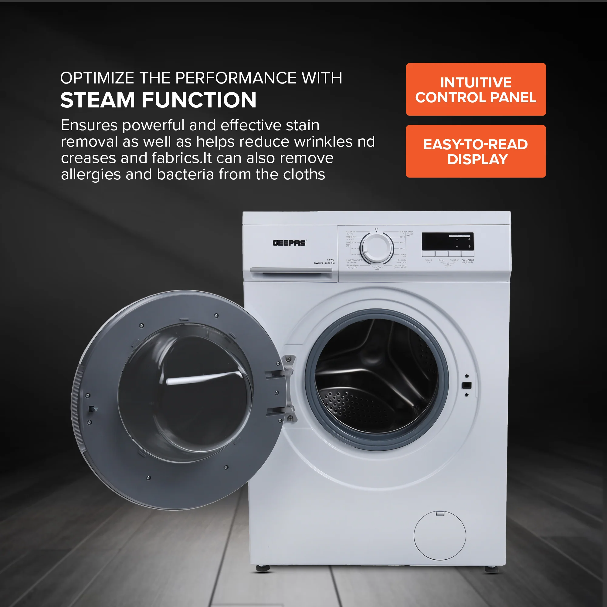 Geepas Front Load Washing Machine GWMF71200LCJ | 7Kg Capacity | 1200 RPM Powerful Motor | Steam Wash Function | Durable & Energy Efficient Performance | 1 Year Warranty - Image 5