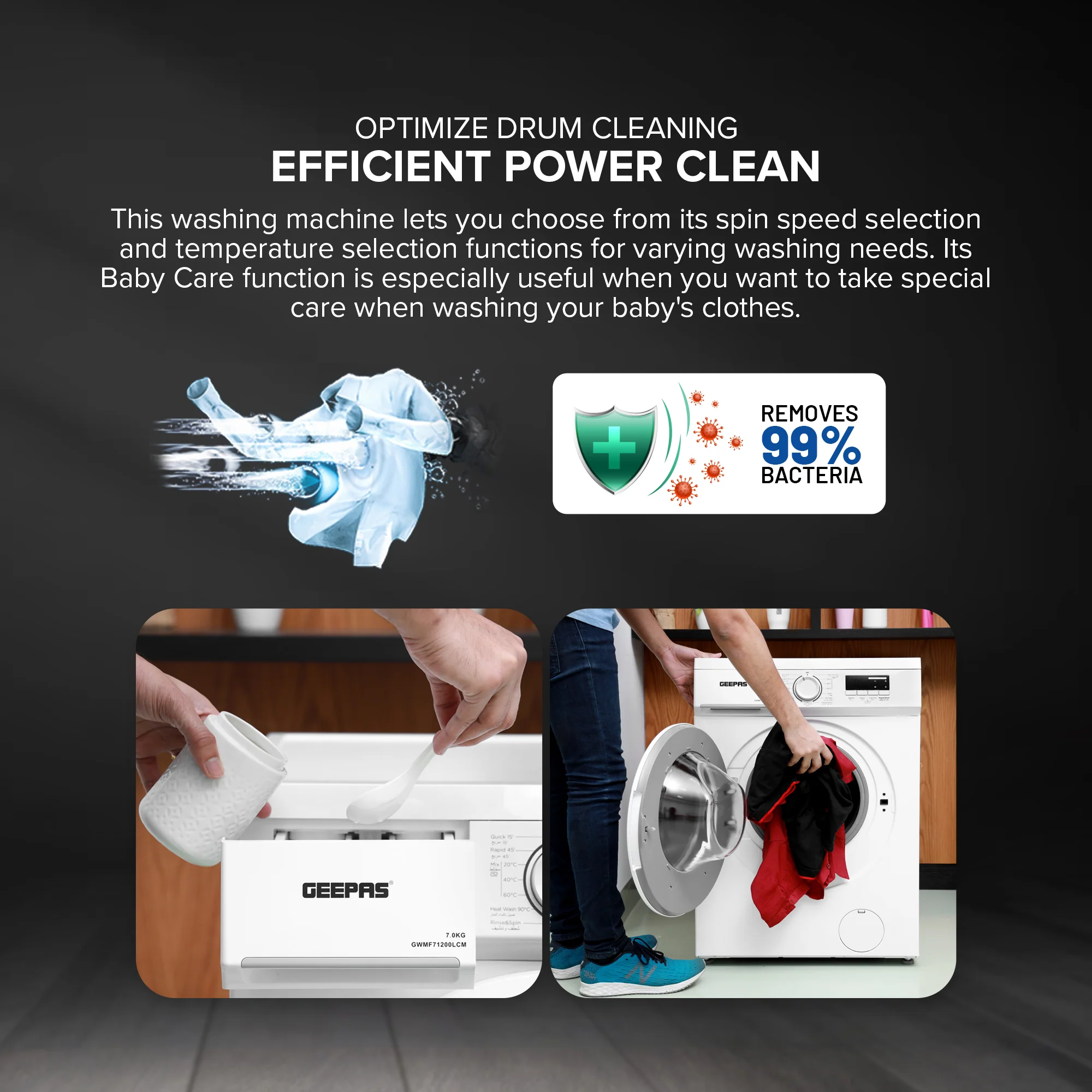 Geepas Front Load Washing Machine GWMF71200LCJ | 7Kg Capacity | 1200 RPM Powerful Motor | Steam Wash Function | Durable & Energy Efficient Performance | 1 Year Warranty - Image 6