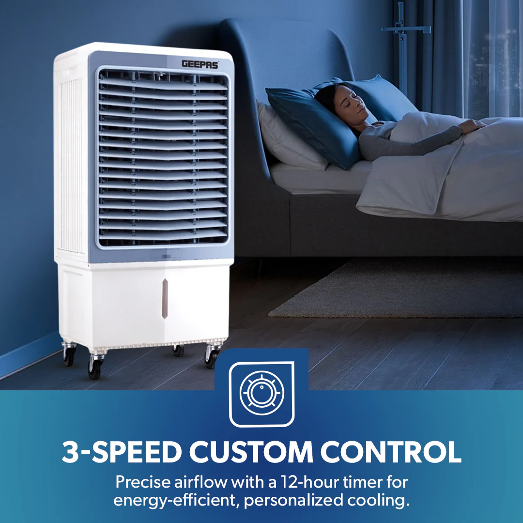Geepas GAC16021 Digital Air Cooler | 60L Tank |200W Powerful Motor | Remote Control with Dual Modes | 3 Speed Settings with Timer | Portable Cooler with Ice Box & Wheels - Image 6