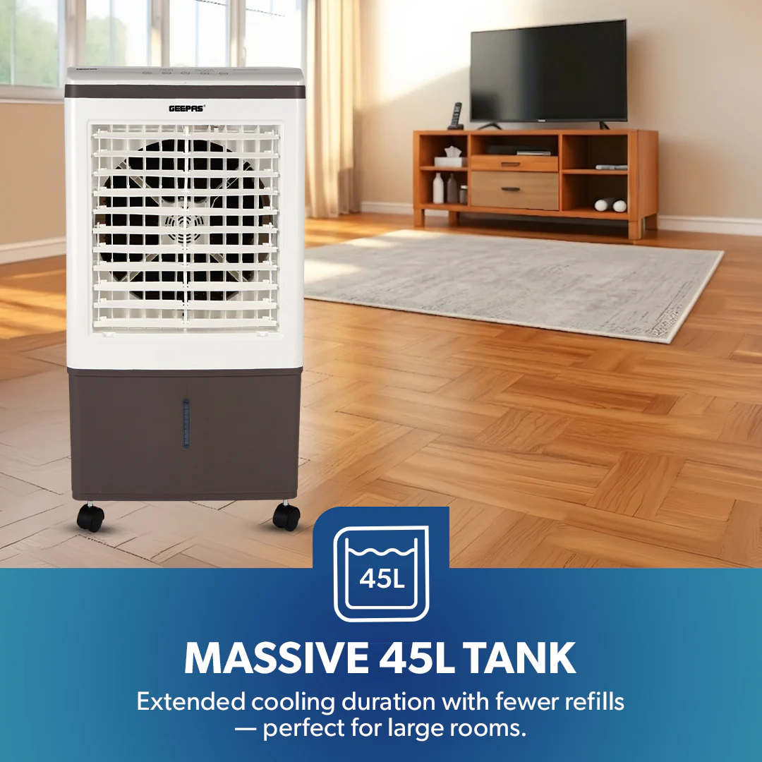 Geepas GAC9433 Digital Air Cooler | 45L Large Water Tank | 150W Power | Ice Box Technology | 3 Wind Speeds | 7.5-Hour Timer | Remote Control  | 2 Years Warranty - Image 4