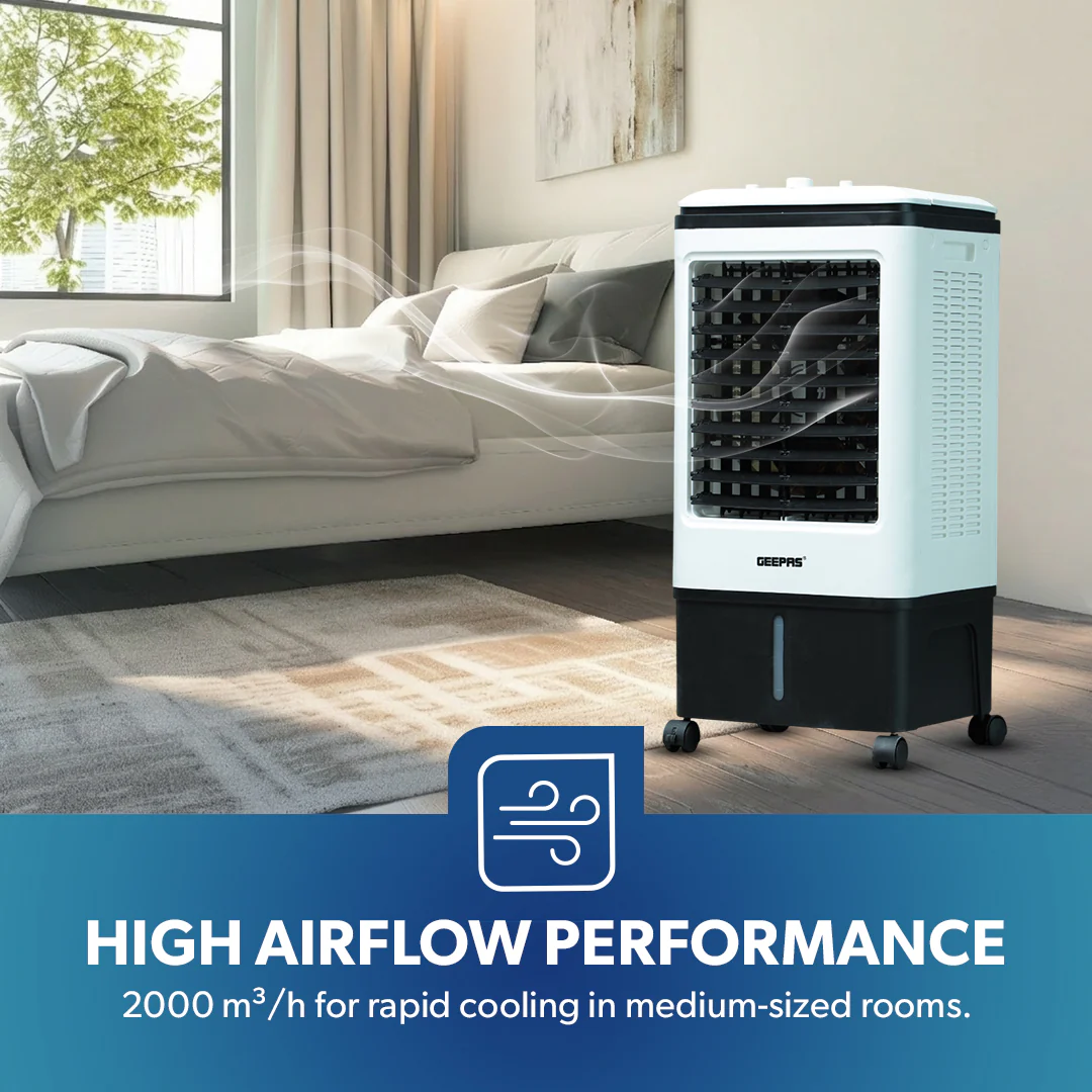 Geepas GAC9576 Air Cooler | 20L Water Tank | 80W Power | 3 Wind Speeds | 2000 m³/h Airflow | 4 Dry Ice Boxes | Automatic Swing | Manual Adjustment | 2 Years Warranty - Image 3