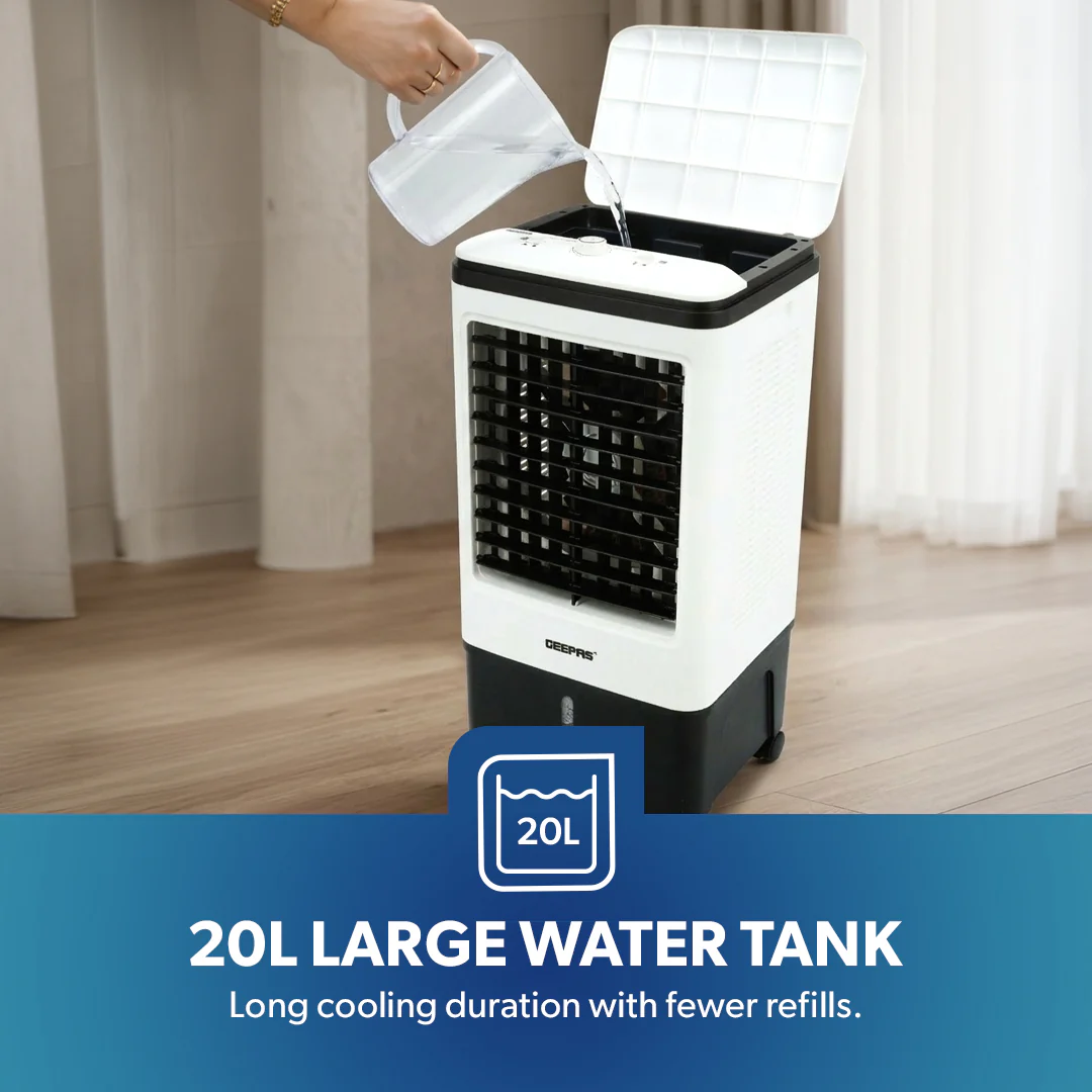 Geepas GAC9576 Air Cooler | 20L Water Tank | 80W Power | 3 Wind Speeds | 2000 m³/h Airflow | 4 Dry Ice Boxes | Automatic Swing | Manual Adjustment | 2 Years Warranty - Image 5