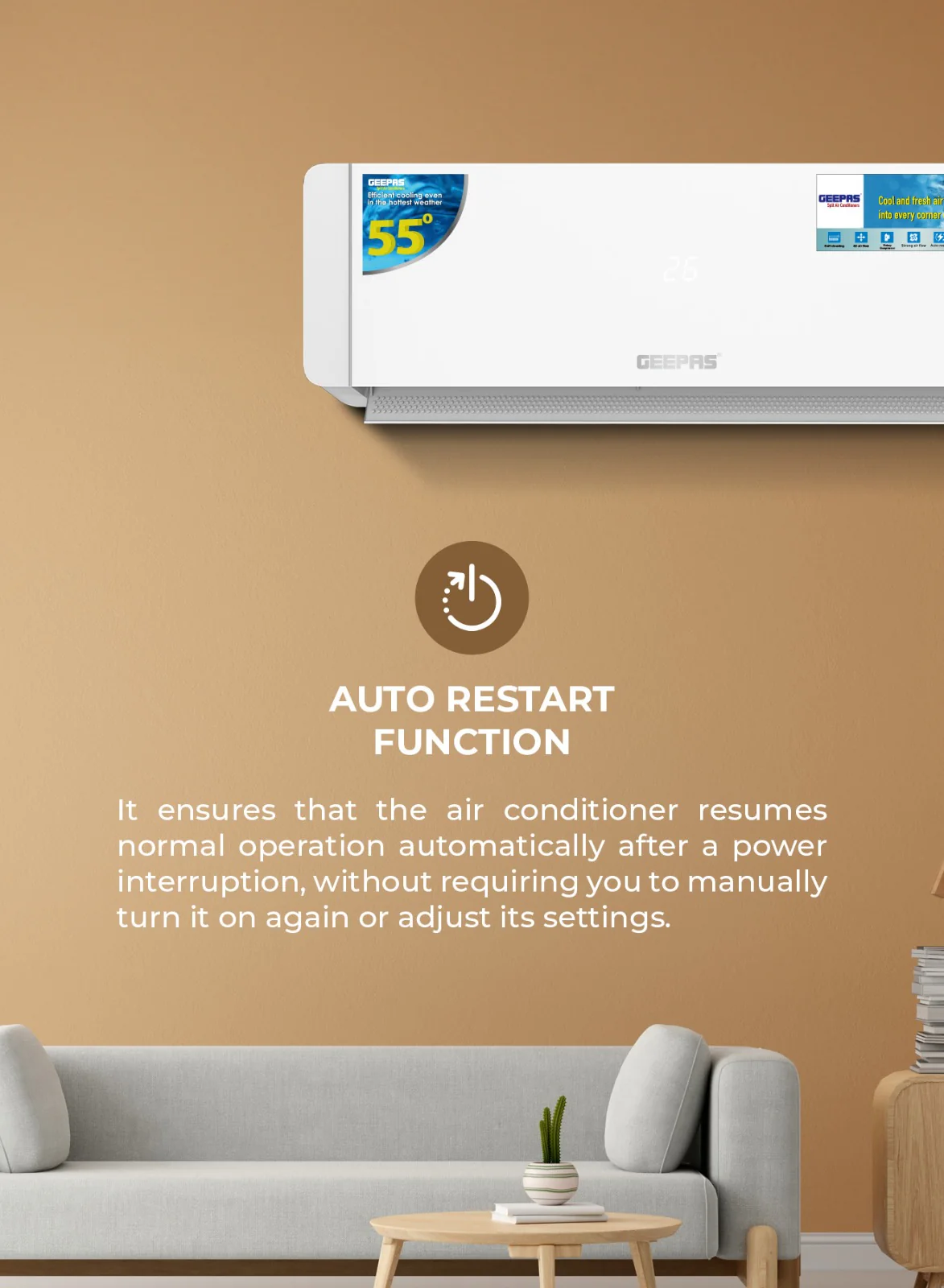 Geepas GACS2425CUE Smart Split 2 Ton Air Conditioner | 24000BTU Cooling Capacity | Wi-Fi Control| LED Display| 4D Air Flow | Fast Cooling| Auto Diagnosis & Self Cleaning - Image 3