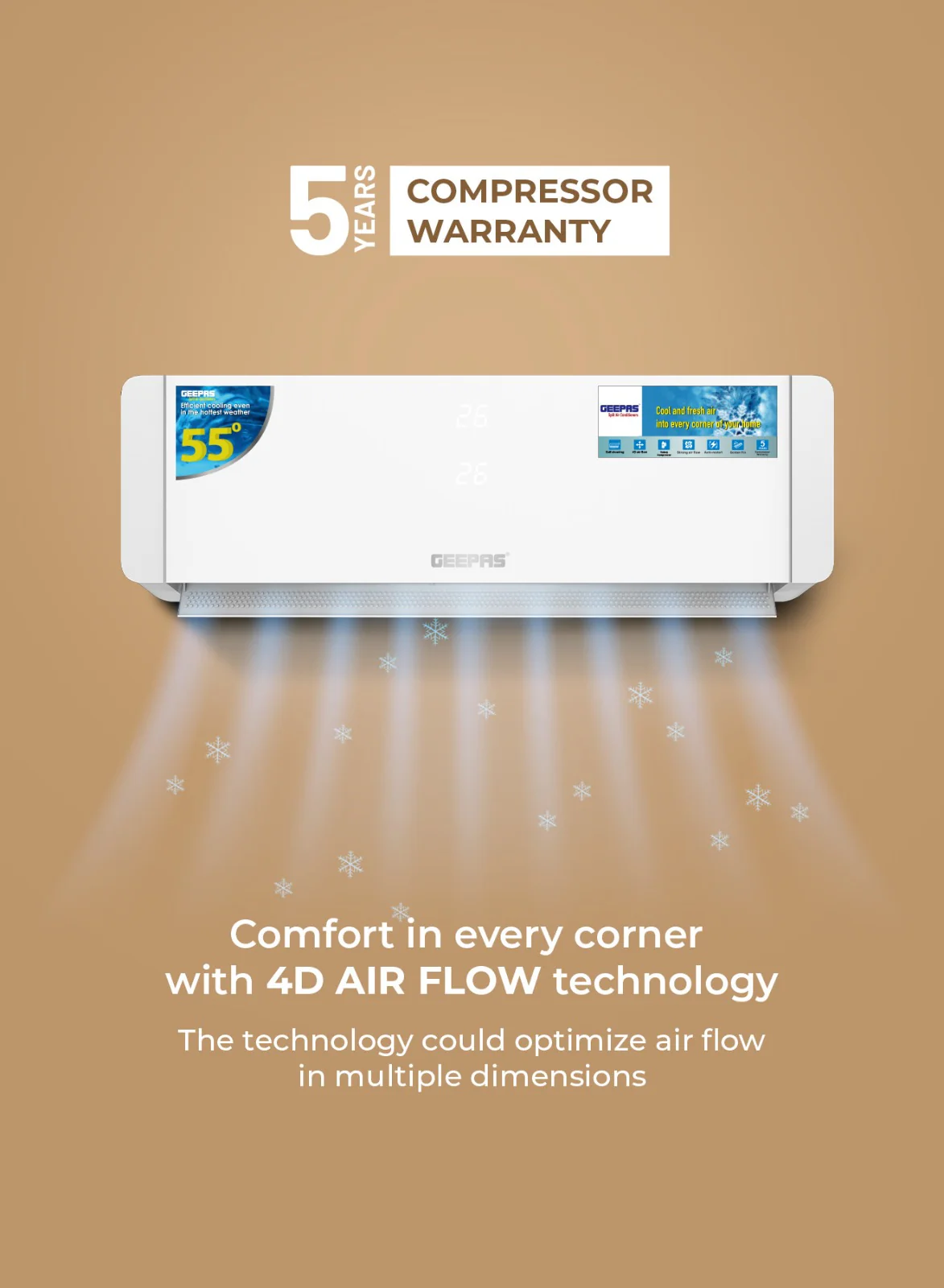 Geepas GACS2425CUE Smart Split 2 Ton Air Conditioner | 24000BTU Cooling Capacity | Wi-Fi Control| LED Display| 4D Air Flow | Fast Cooling| Auto Diagnosis & Self Cleaning - Image 6