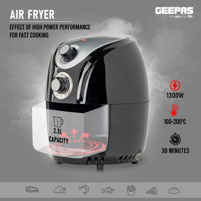 Geepas 1300W Air Fryer- GAF37521 |Rapid Air Circulation System| 100–200°C Adjustable Temperature| Low Fat Cooking |30 Minute Manual Timer| 2.5L Capacity |2 Year Warranty - Image 4