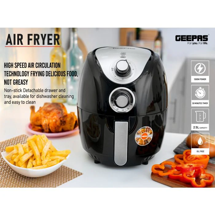 Geepas 1300W Air Fryer- GAF37521 |Rapid Air Circulation System| 100–200°C Adjustable Temperature| Low Fat Cooking |30 Minute Manual Timer| 2.5L Capacity |2 Year Warranty - Image 5