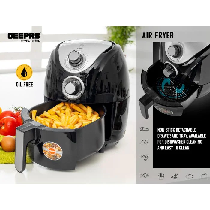 Geepas 1300W Air Fryer- GAF37521 |Rapid Air Circulation System| 100–200°C Adjustable Temperature| Low Fat Cooking |30 Minute Manual Timer| 2.5L Capacity |2 Year Warranty - Image 7