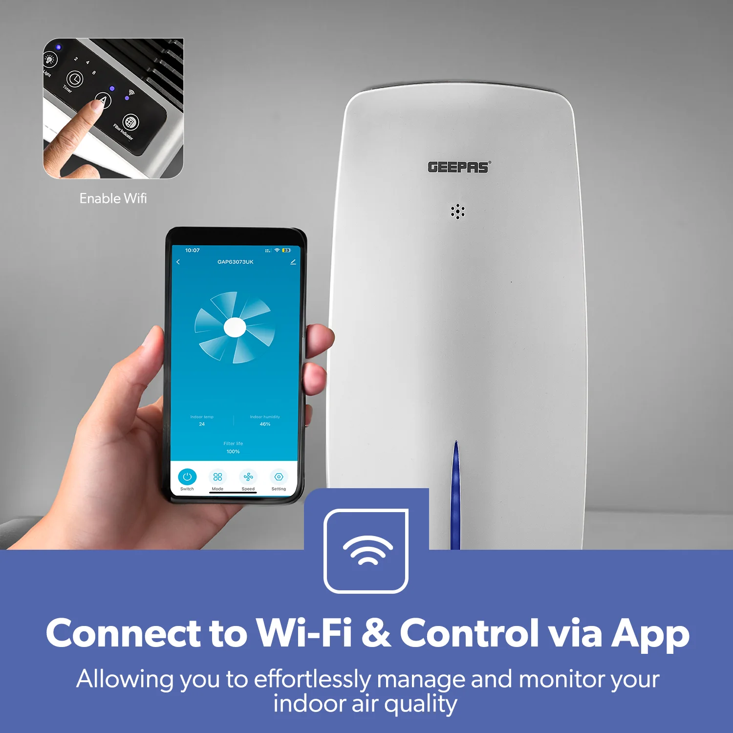 Geepas GAP63073UK Digital Air Purifier & Humidifier | 1.5L Tank Capacity | WiFi Control | 3-Speed Settings | Auto Humidity Sensor | Quiet Operation | 2 Years Warranty - Image 7