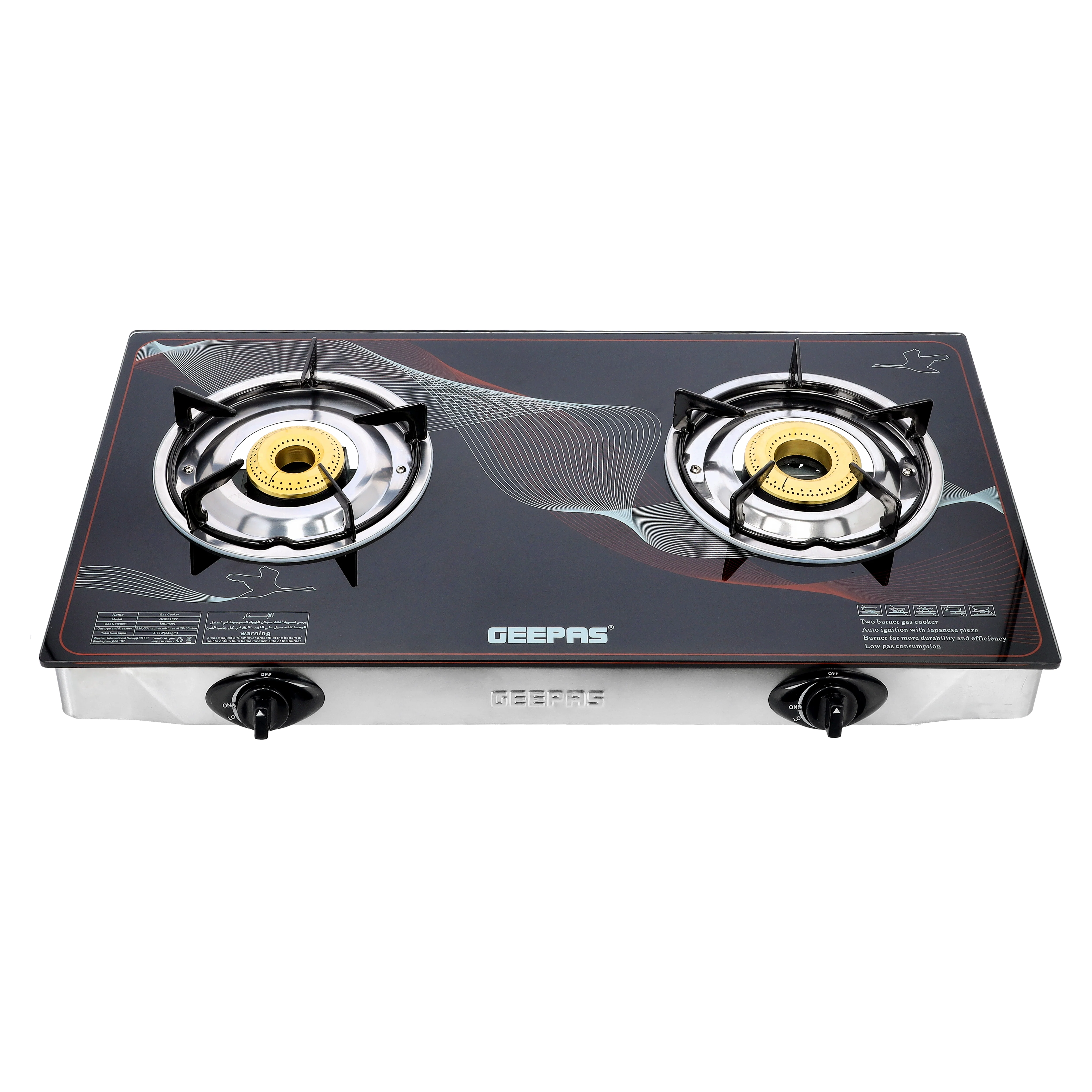 Geepas GGC31027 Gas Cooker | 2 High-Efficiency Brass Burners with Tempered Glass Top| Automatic Ignition| Strong & Durable Design| Easy to Clean| 2 Years Warranty