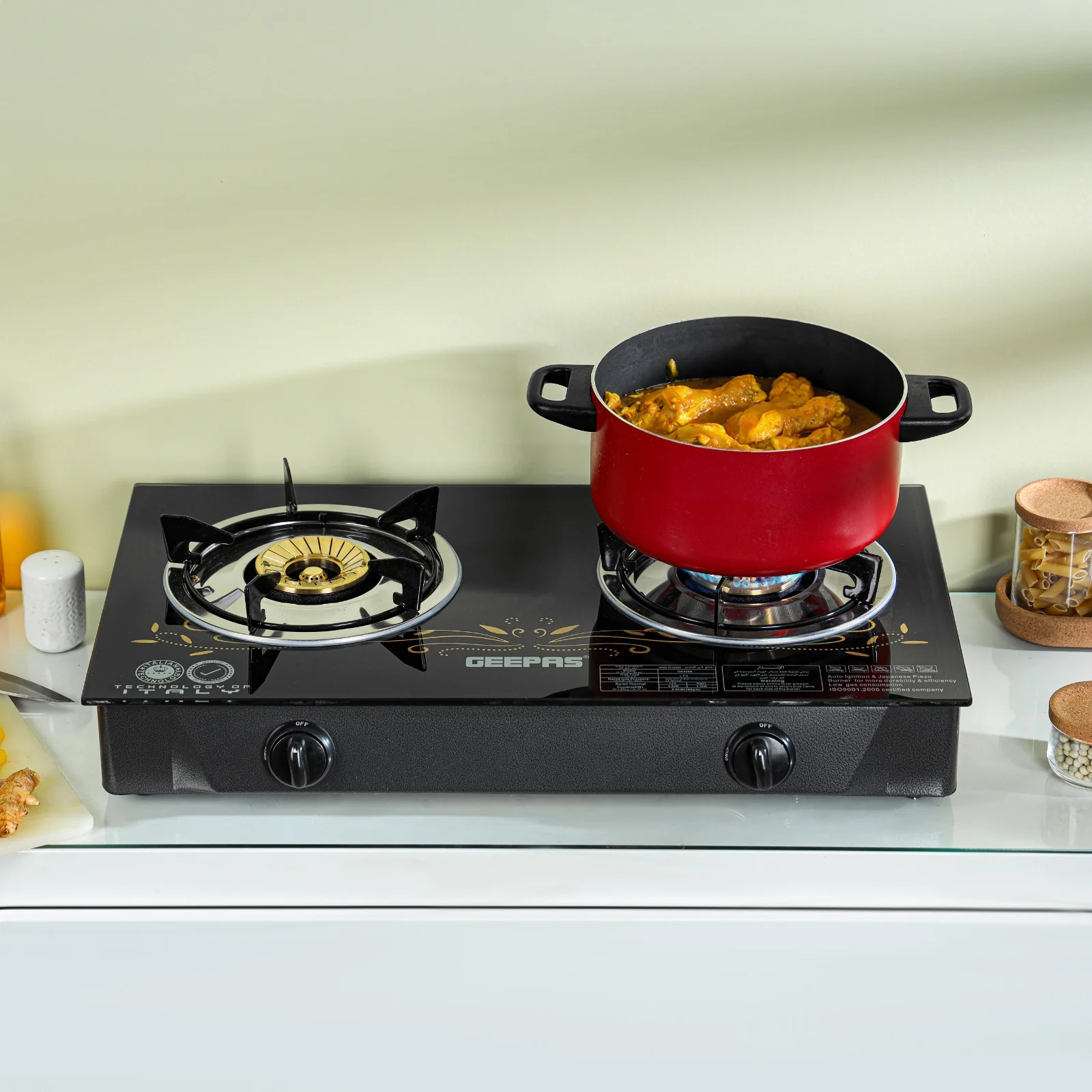 Geepas GK4280 Gas Cooker | 2 Burner Brass Stove with Tempered Glass Panel | Auto Ignition | Stainless Steel Body | 60% Gas Saving | Stylish Design | 2 Years Warranty - Image 3