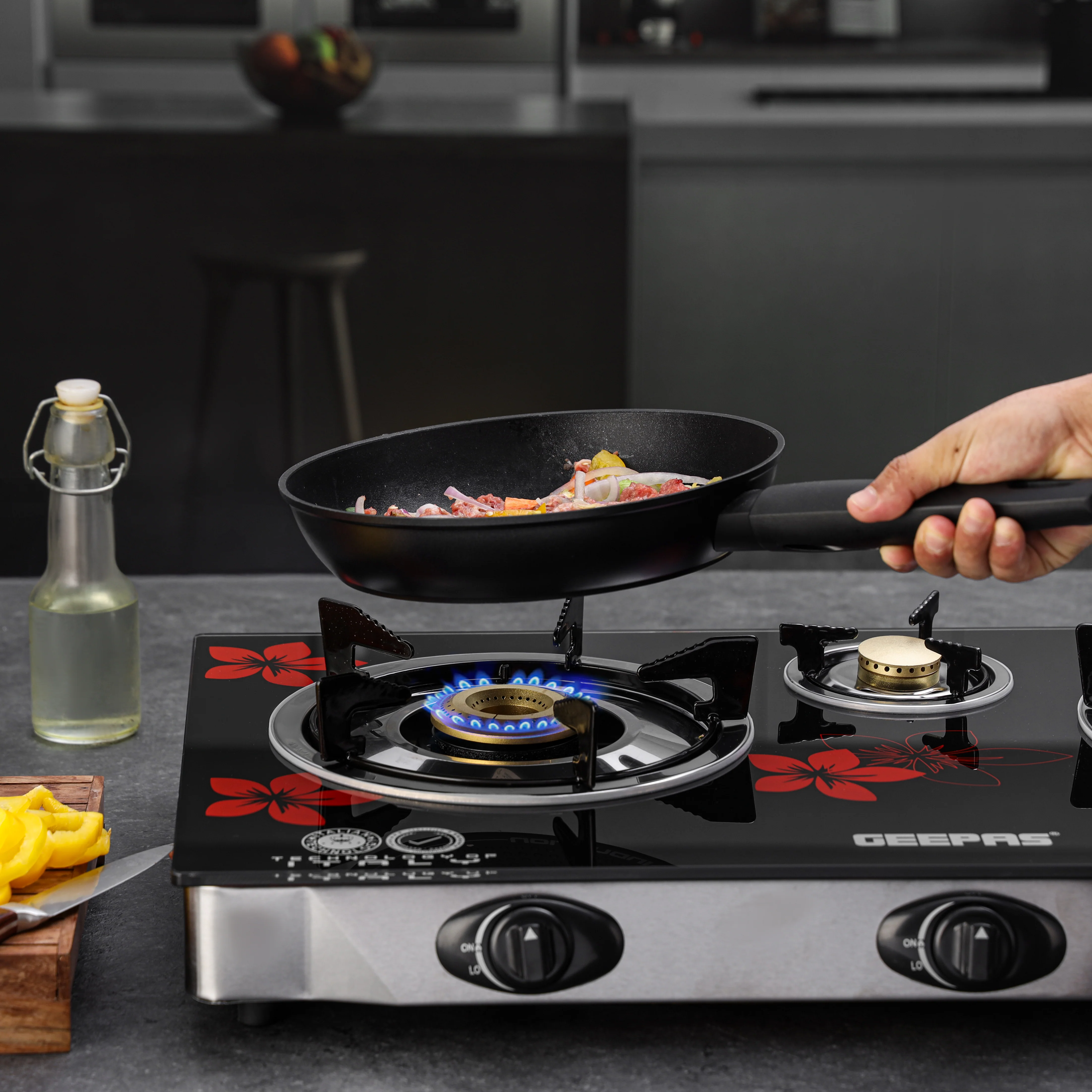 Geepas Gas Cooker GK6759 | 3 Burner Gas Stove with Auto Ignition| Durable Stainless Steel Body| Heavy-Duty Cast Iron Burners| 60% Gas Saving Technology| 2 Years Warranty - Image 5