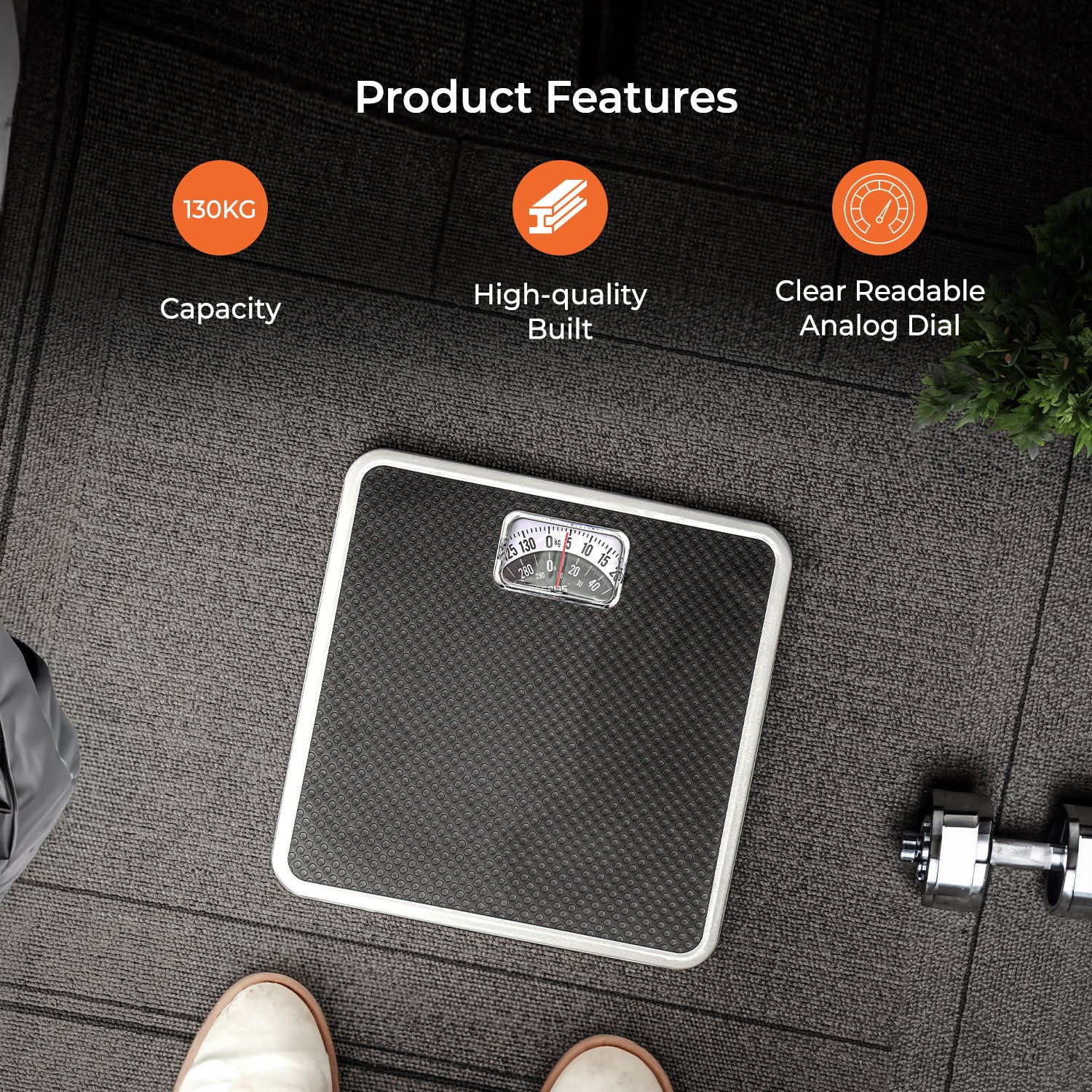 Geepas Mechanical Health Scale-GBS4169N /Multi-Purpose Weighing Machine /High Precision, Calibration Wheel/130 kg Capacity, with Step-On Technology/Black,2 Years Warranty - Image 3