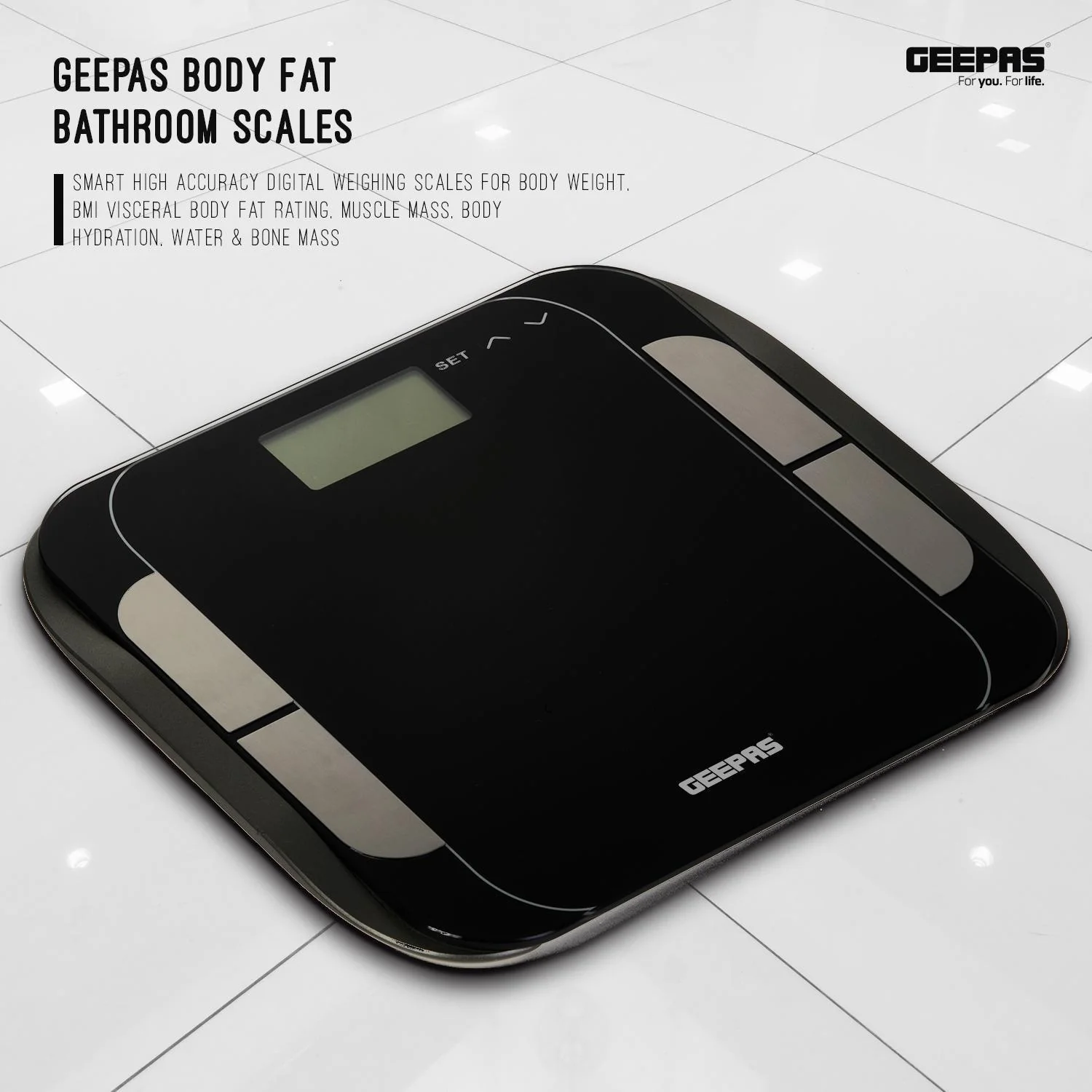 Geepas GBS46506UK Digital Body Fat Scale | BIA Technology| LCD Display| 180Kg Capacity| Measures Fat, Water, Muscle, Bone & BMI| Auto On/Off| Super Slim  Glass Design - Image 3