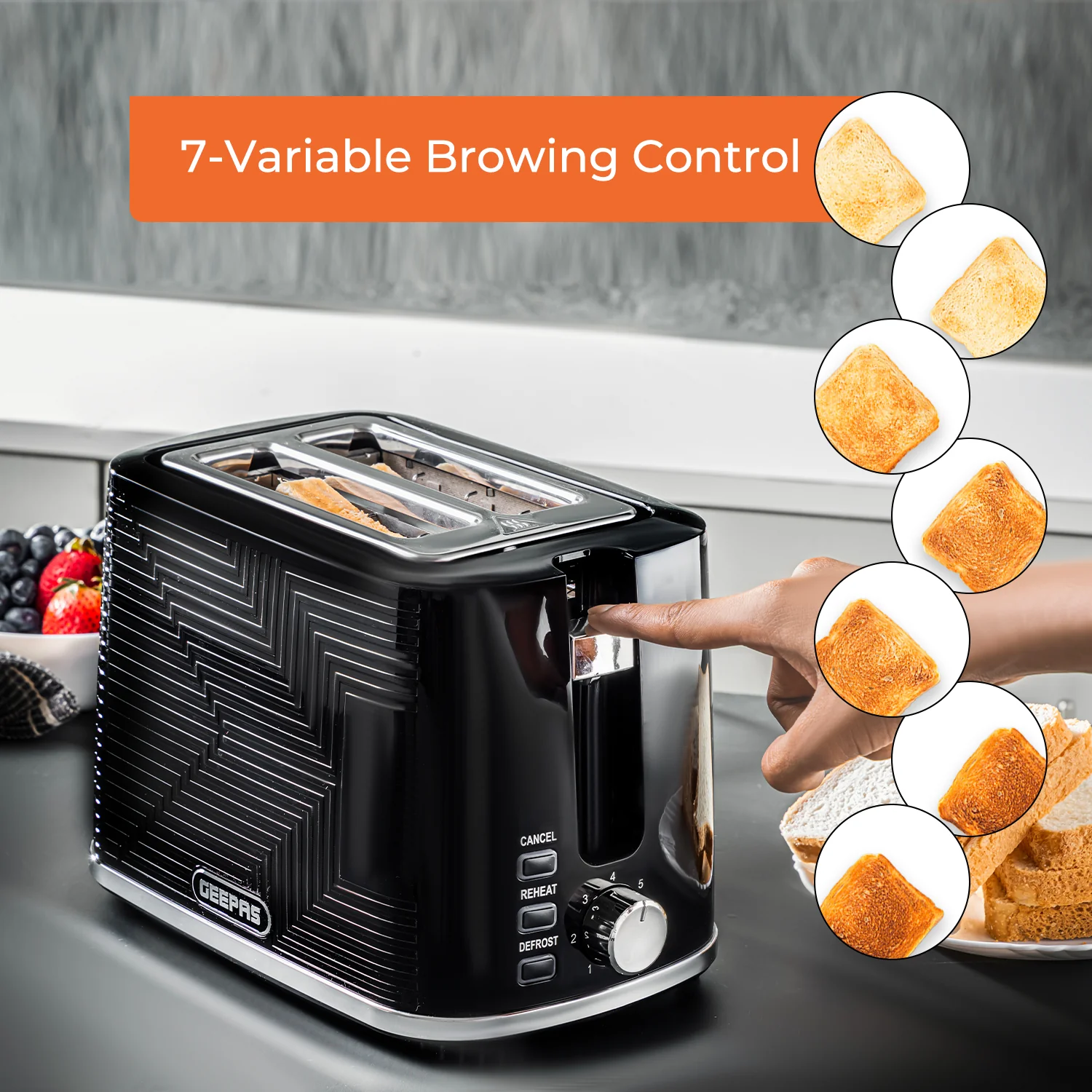 Geepas GBT36554UK-BK 2 Slice Bread Toaster 900W | 7 Browning Settings|  Reheat & Defrost Functions | Auto Cut-Off Safety | Removable Crumb Tray and 2 Year Warranty - Image 3