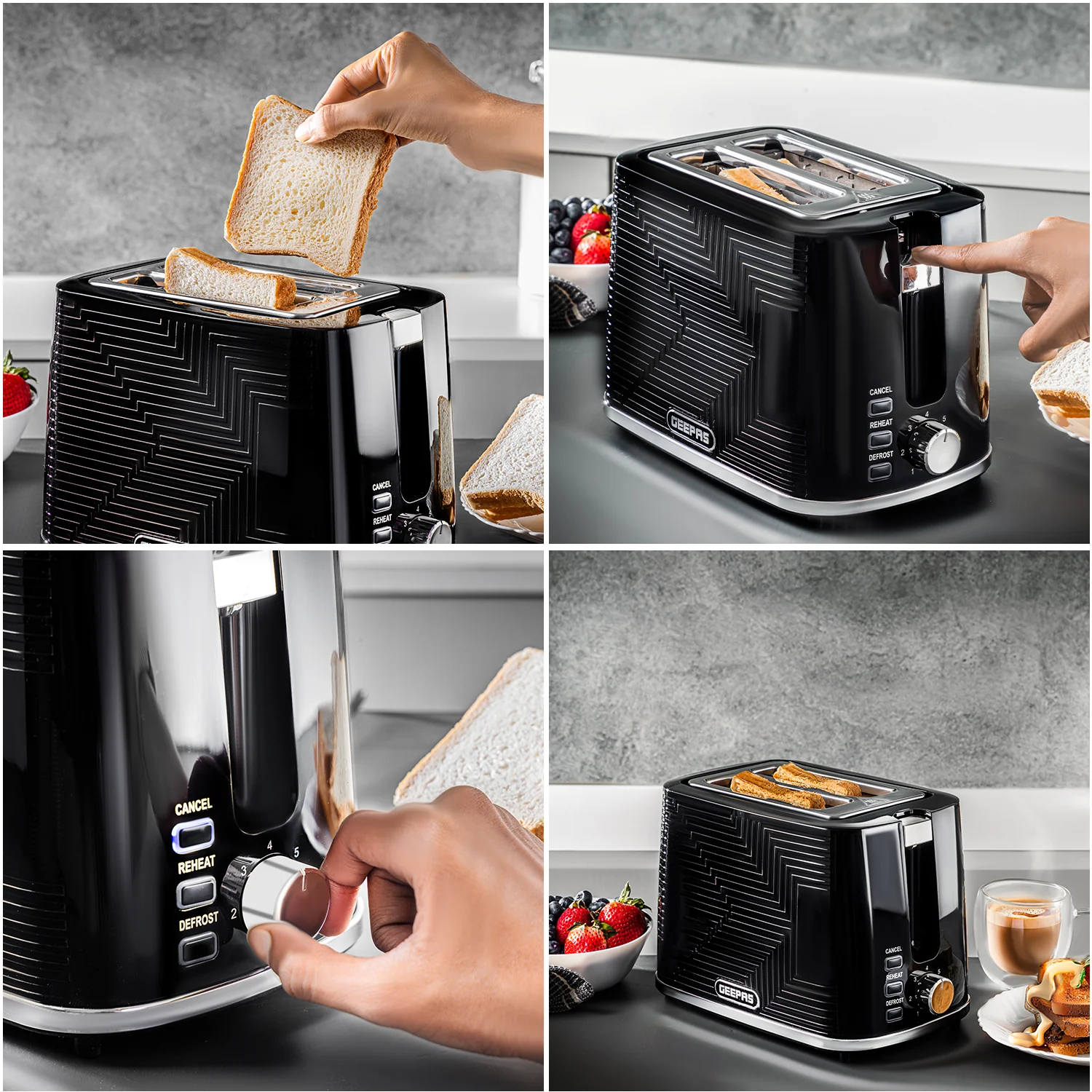 Geepas GBT36554UK-BK 2 Slice Bread Toaster 900W | 7 Browning Settings|  Reheat & Defrost Functions | Auto Cut-Off Safety | Removable Crumb Tray and 2 Year Warranty - Image 6
