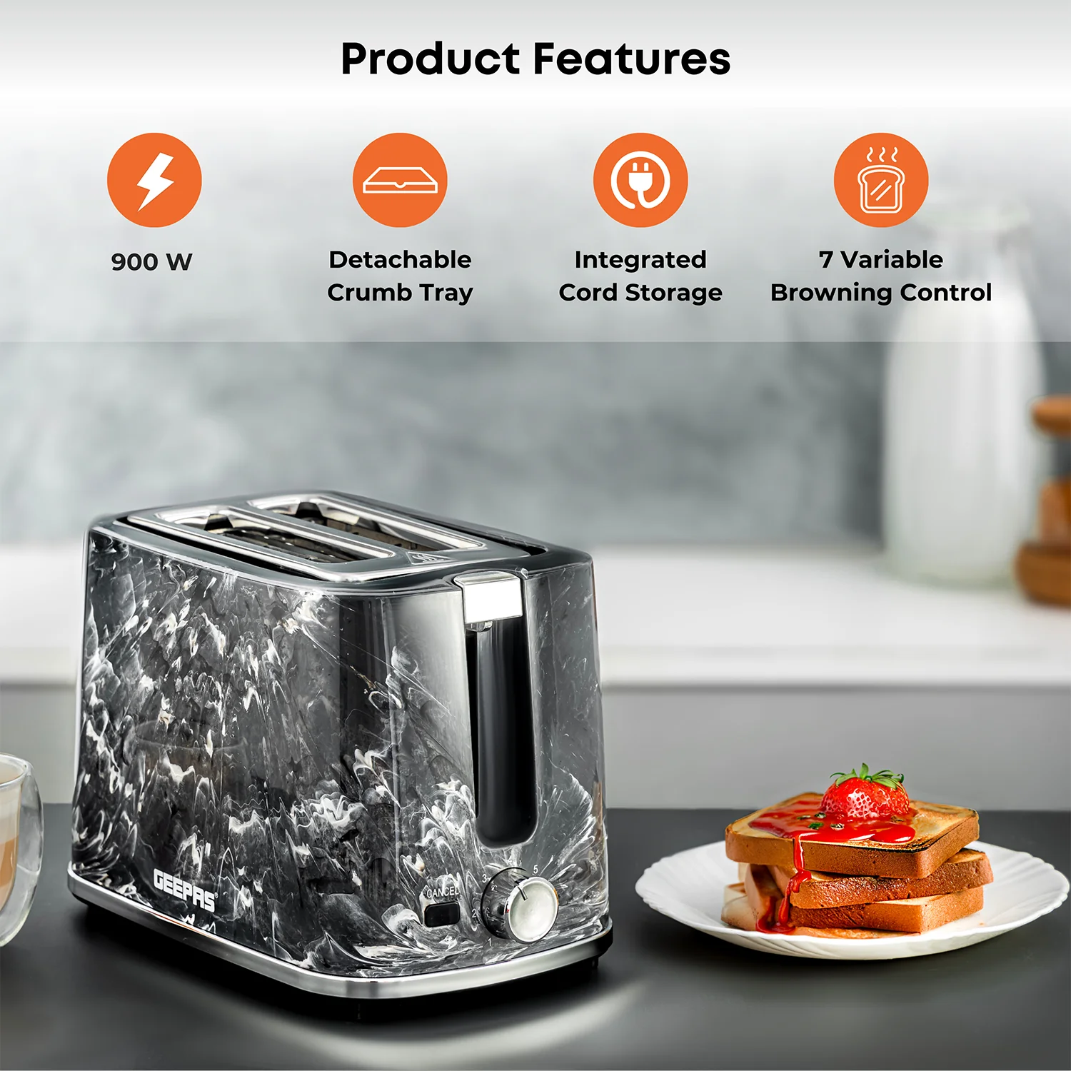 Geepas GBT36555UK-BK 2 Slice Bread Toaster 900W | 7 Browning Settings | Removable Crumb Tray | Auto Cut-Off | Marble Finish | Compact Design & 2 Year Warranty - Image 2