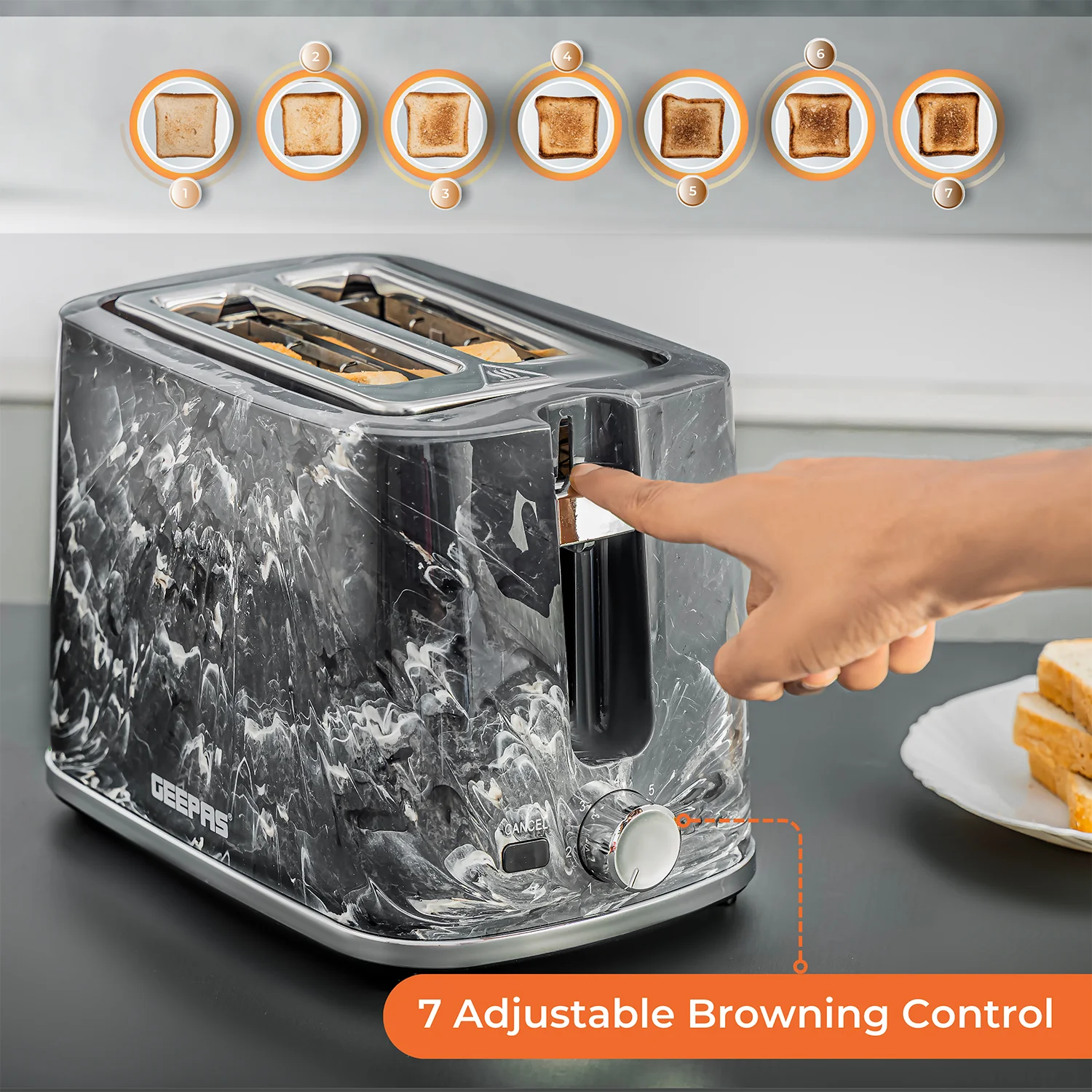 Geepas GBT36555UK-BK 2 Slice Bread Toaster 900W | 7 Browning Settings | Removable Crumb Tray | Auto Cut-Off | Marble Finish | Compact Design & 2 Year Warranty - Image 3
