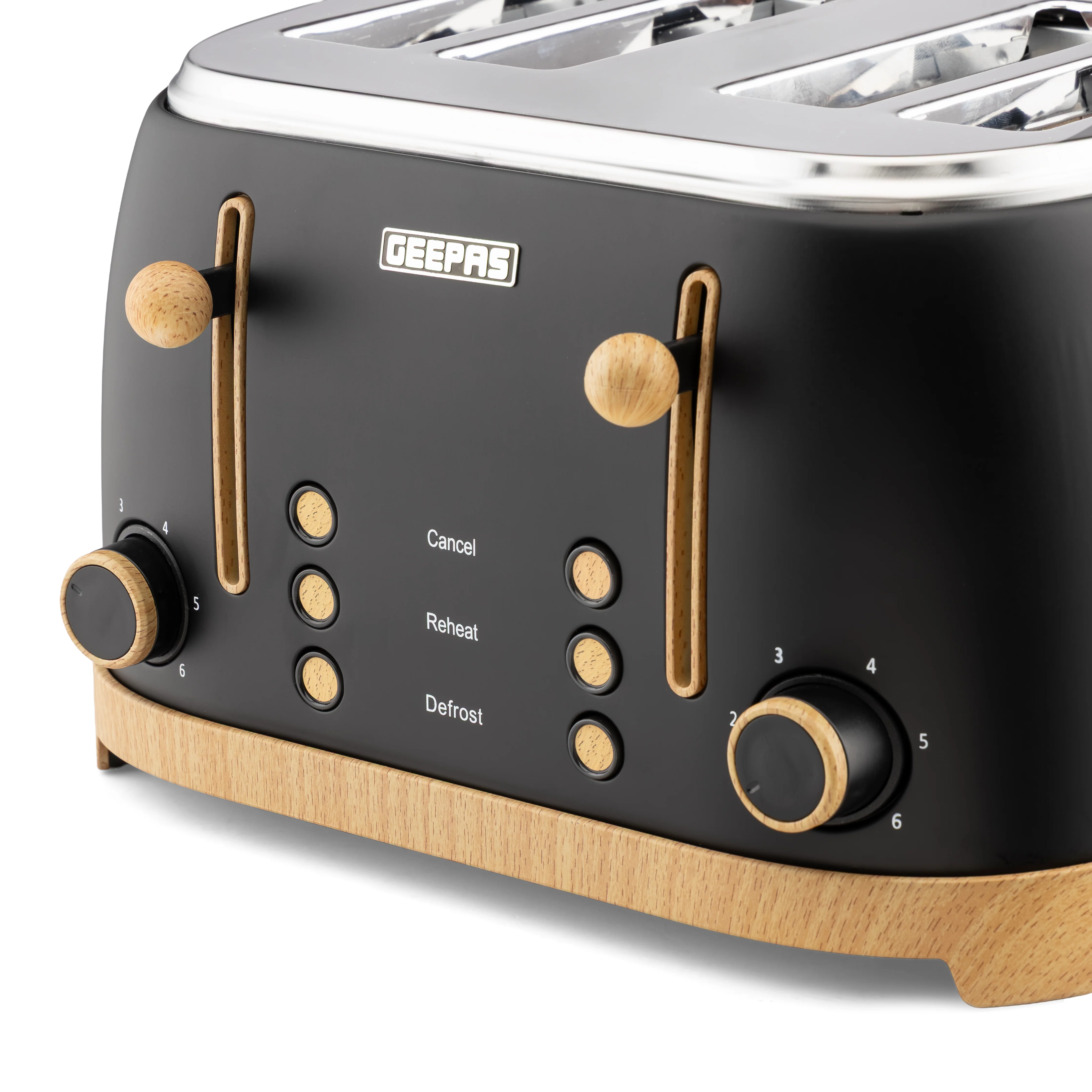 Geepas GBT36561UK-BK 4 Slice Toaster 1500W  Wood Effect Design | Dual Controls | 6 Browning Levels | Defrost, Reheat & Cancel Function | Stylish  NordiQ Collection - Image 4