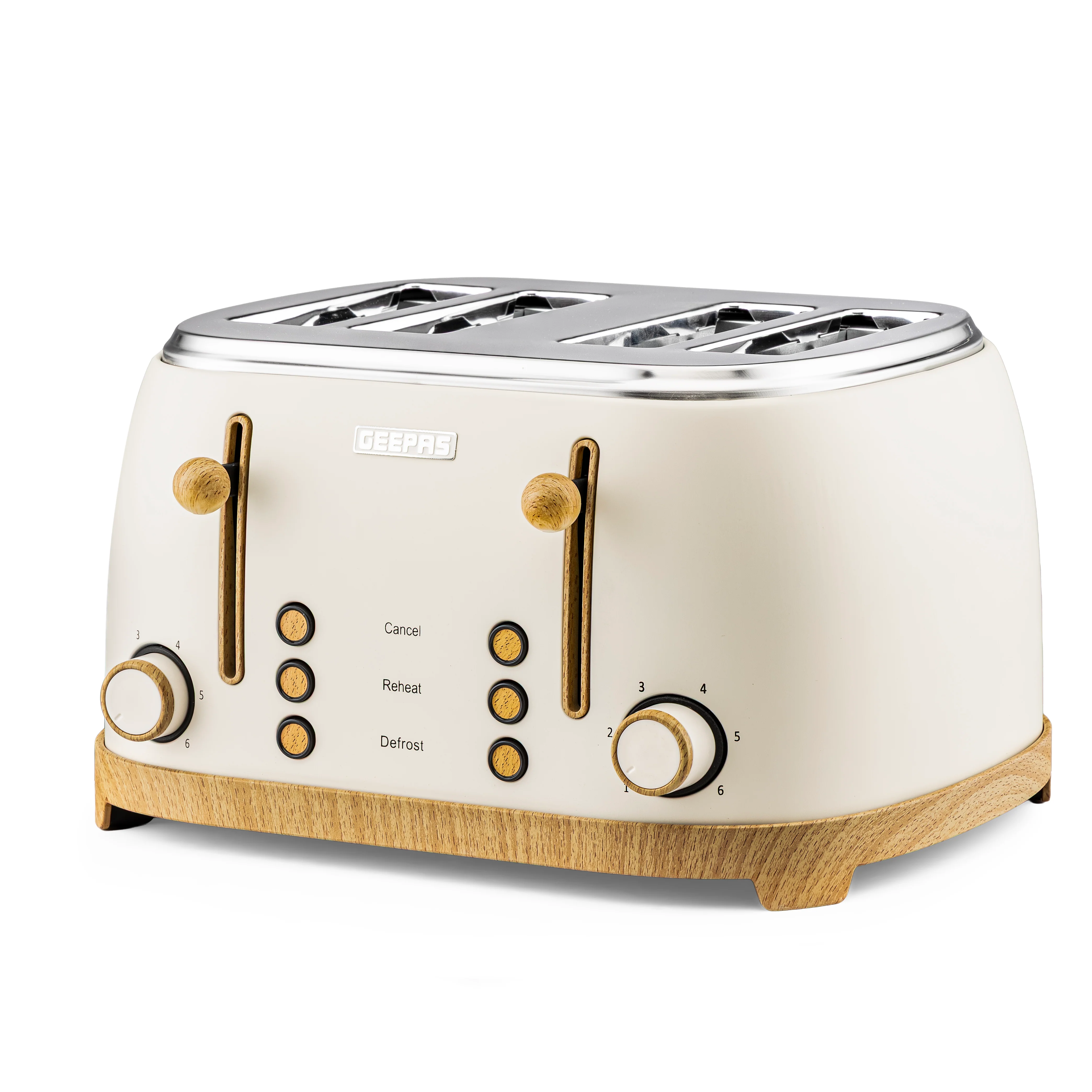 Geepas GBT36561UK-CR 4 Slice Toaster 1500W |  Wood Effect Design | Dual Controls | 6 Browning Levels | Defrost, Reheat & Cancel Function | Stylish NordiQ Collection - Image 2