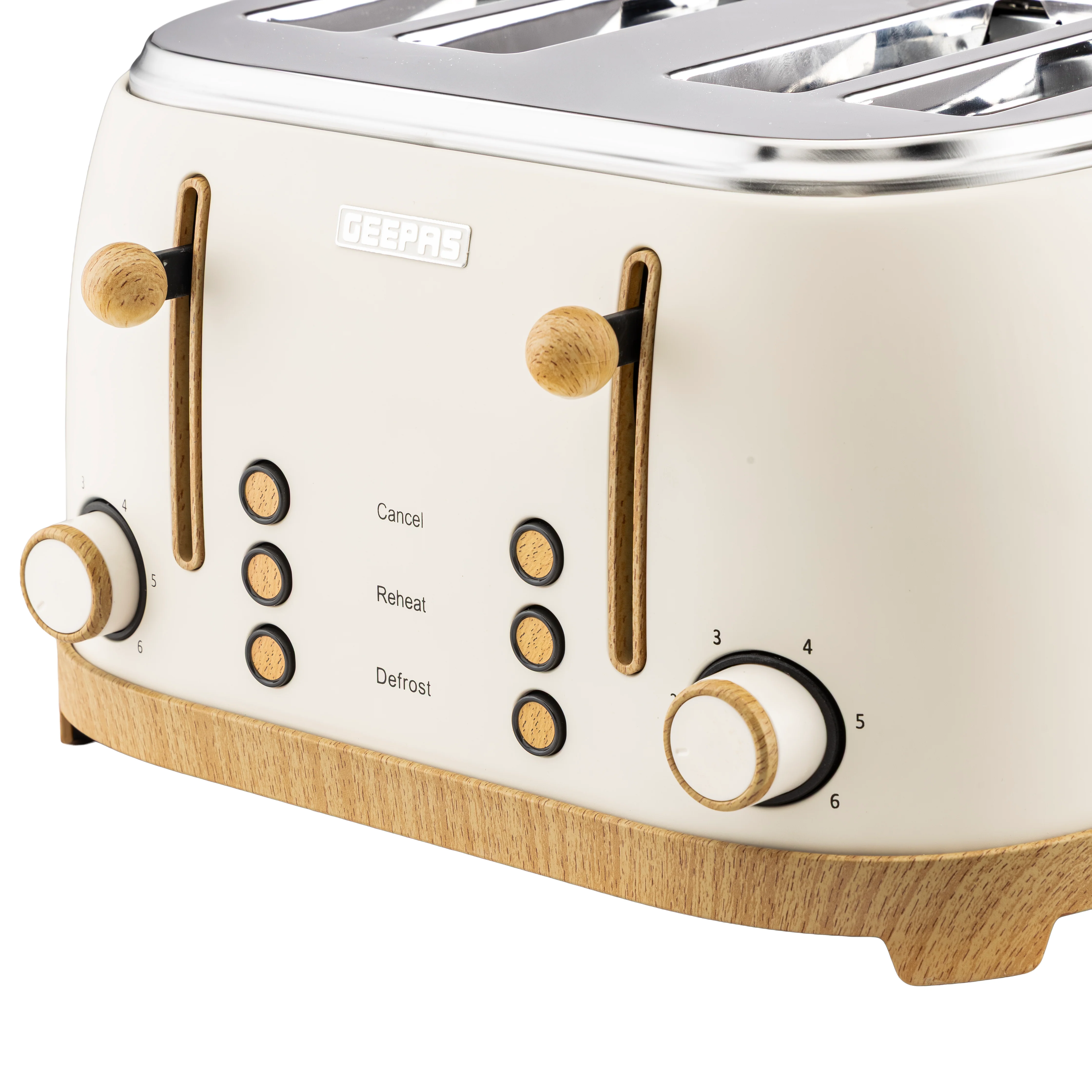 Geepas GBT36561UK-CR 4 Slice Toaster 1500W |  Wood Effect Design | Dual Controls | 6 Browning Levels | Defrost, Reheat & Cancel Function | Stylish NordiQ Collection - Image 4